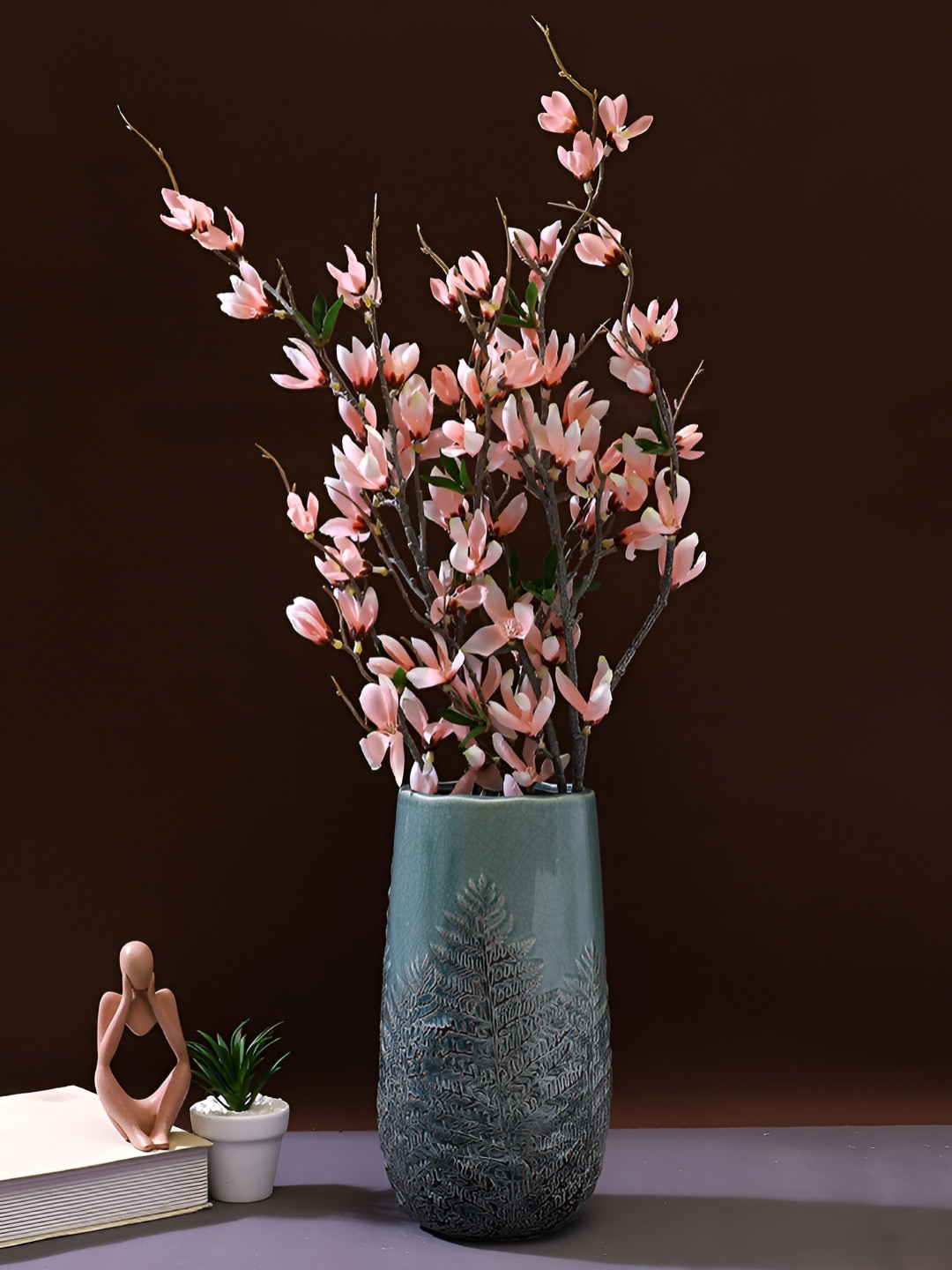 TAYHAA Pink And Brown 2 Pieces Magnolia Artificial Flower