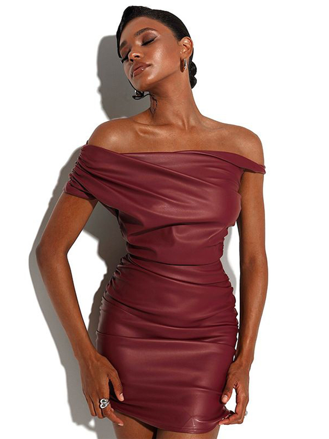 MIAKEE Off-Shoulder PU Coated Bodycon Mini Dress