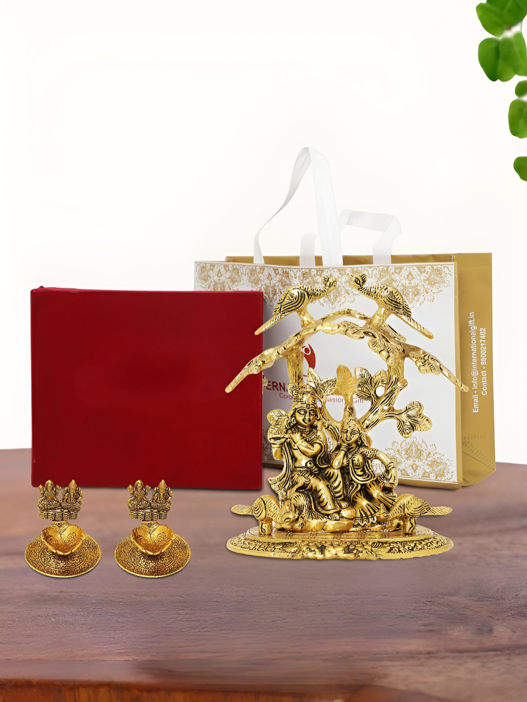 INTERNATIONAL GIFT Gold Plated Radha Krishna Idol with 2 Diya Box and Bag