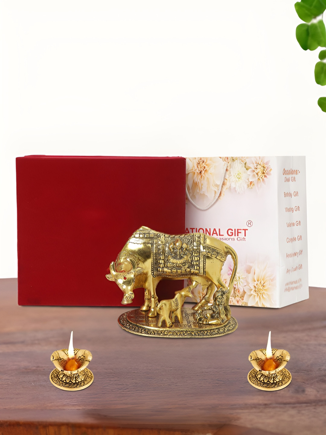 INTERNATIONAL GIFT Kamdhenu Cow with Diya, Box and Carry Bag Gold Metal Metallic Prayer Room Set of 3 Medium Showpieces - 6.5 Inches