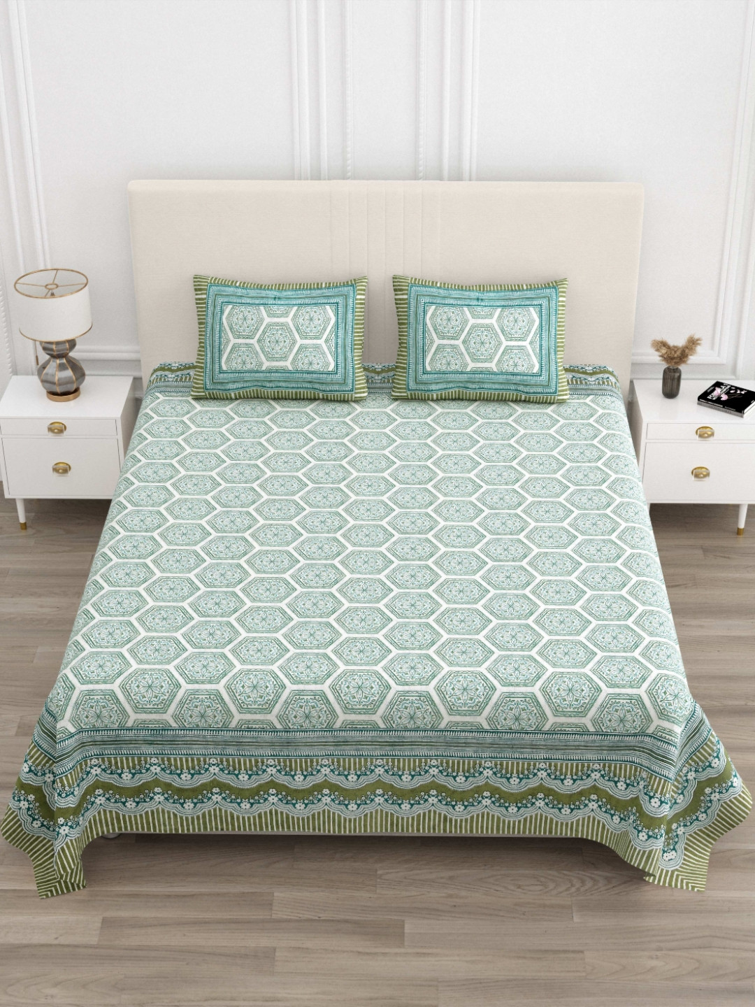 JAIPUR PRIME Magnet Green Floral Cotton 180 TC King Bedsheet with 2 Pillow Covers-106 x 98 inches