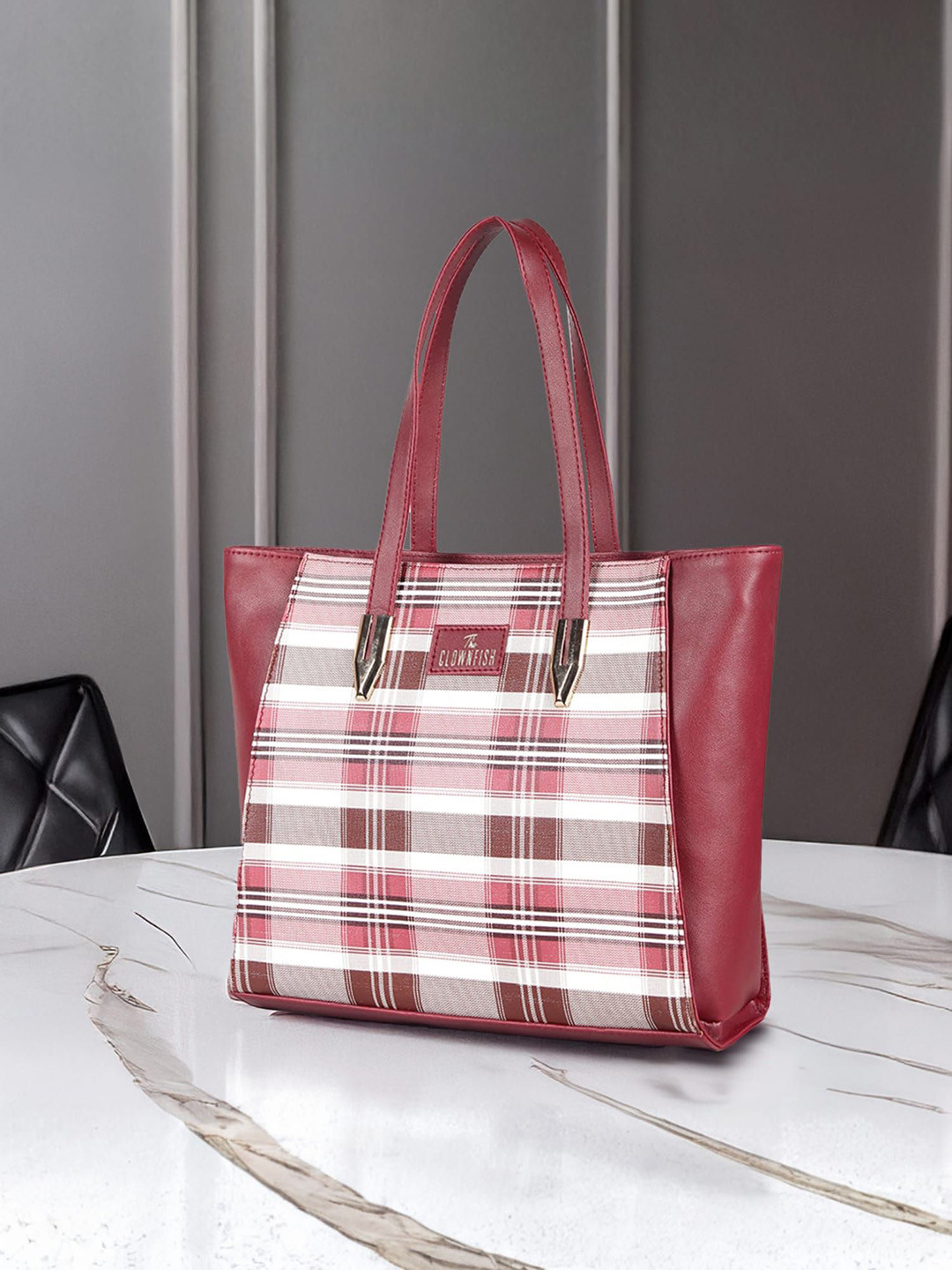 THE CLOWNFISH Women Agnes Checked Structured Leather Shoulder Bag