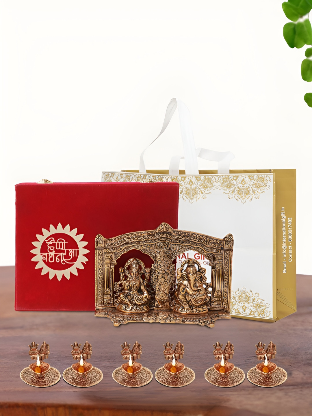 INTERNATIONAL GIFT Laxmi Ganesh Idol with 6 Diya, Velvet Box and Carry Bag Brown Metal Metallic Prayer Room Medium Showpiece - 6 Inches
