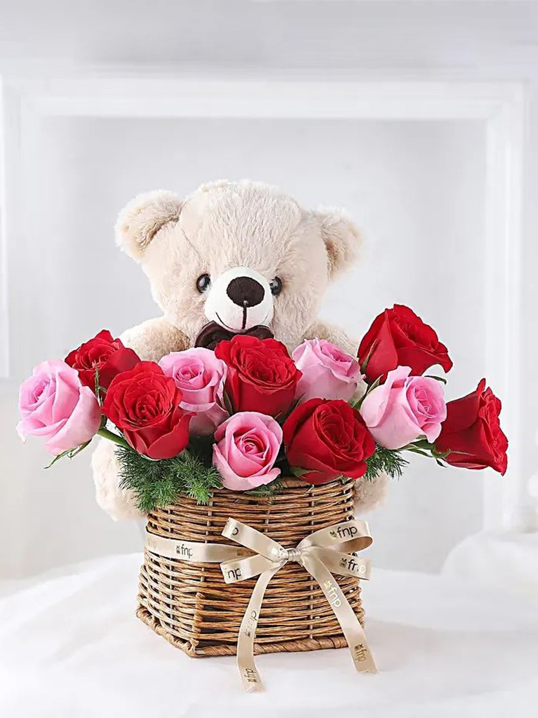 fnp 12 Pieces Red Roses Valentines Day Fresh Flowers Bouquet With Teddy Bear