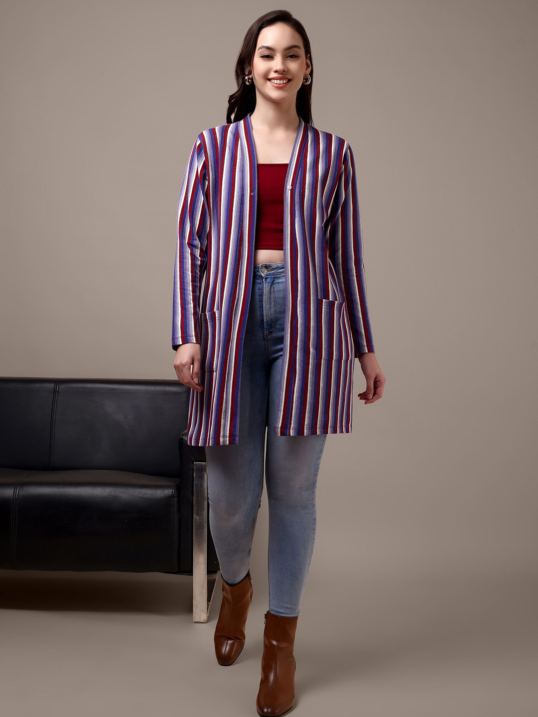 HEATHEX Striped Embellished Longline Open Front Cotton Shrug