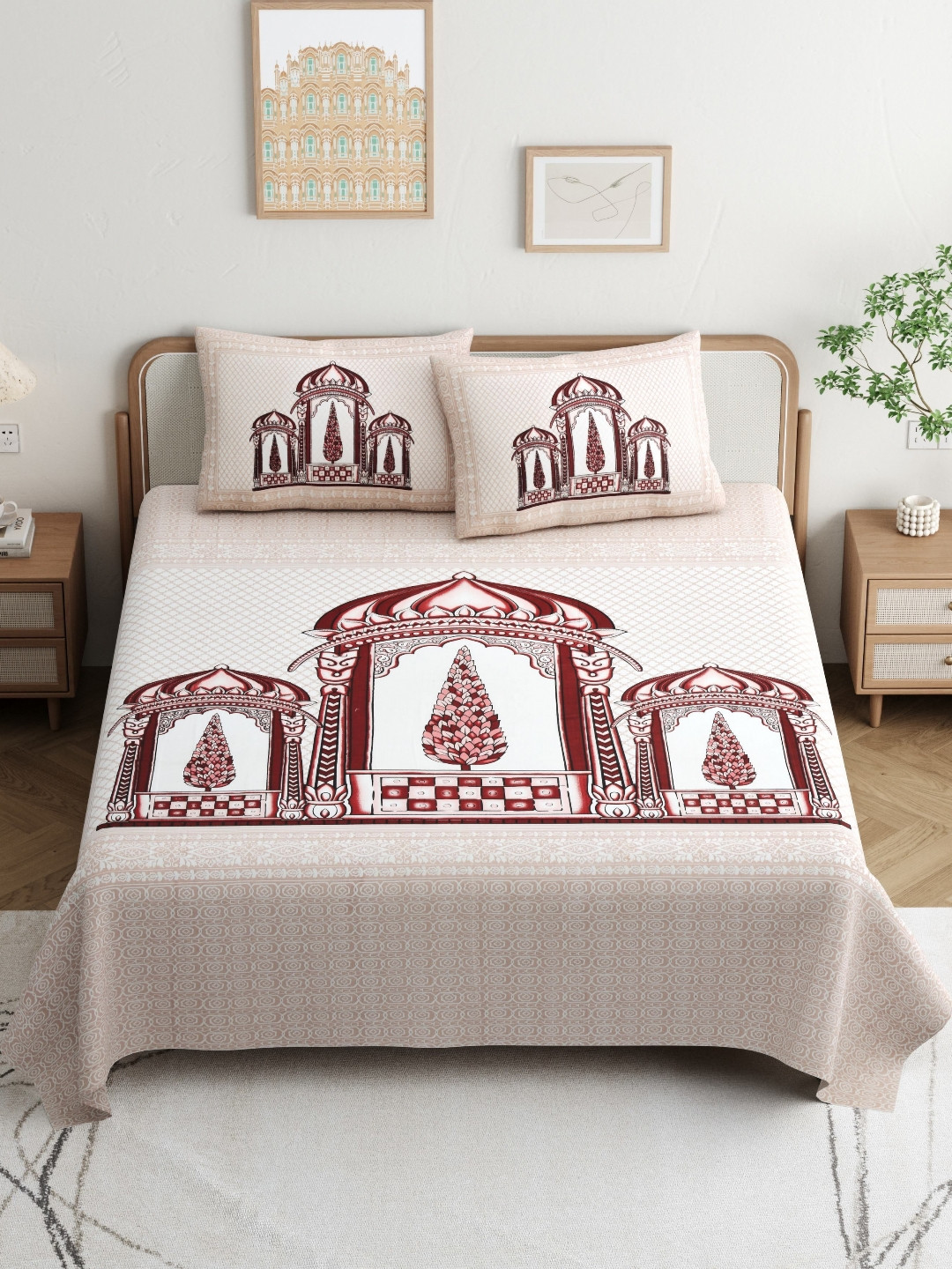 JAIPUR PRIME Magnet Beige Ethnic Motifs Cotton 180 TC King Fine Bedsheet with 2 Pillow Covers-108 x 100 inches