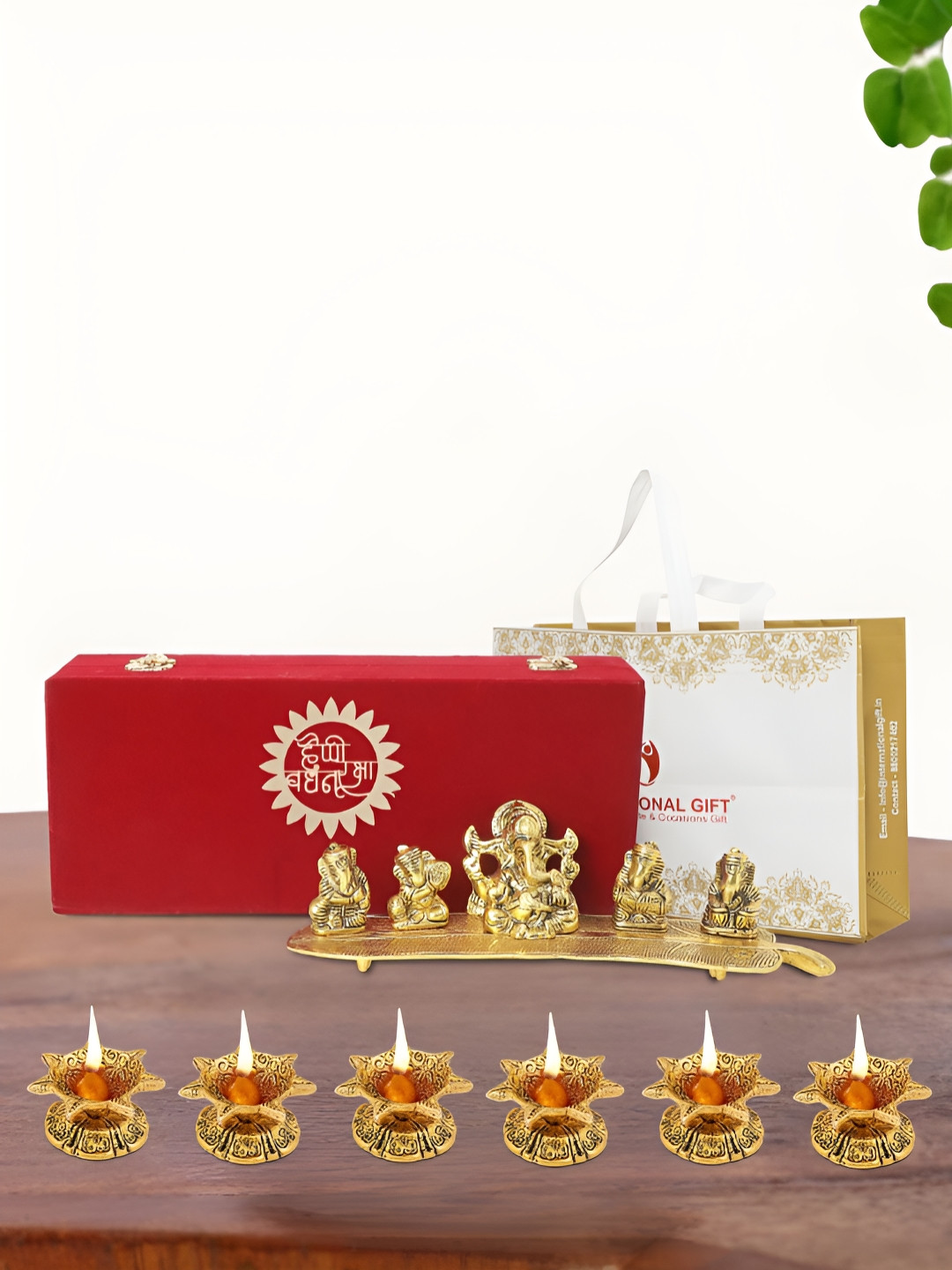 INTERNATIONAL GIFT Musical Ganesh Idol with 6 Diya, Velvet Box and Carry Bag Gold Metal Metallic Prayer Room Small Showpiece - 3 Inches