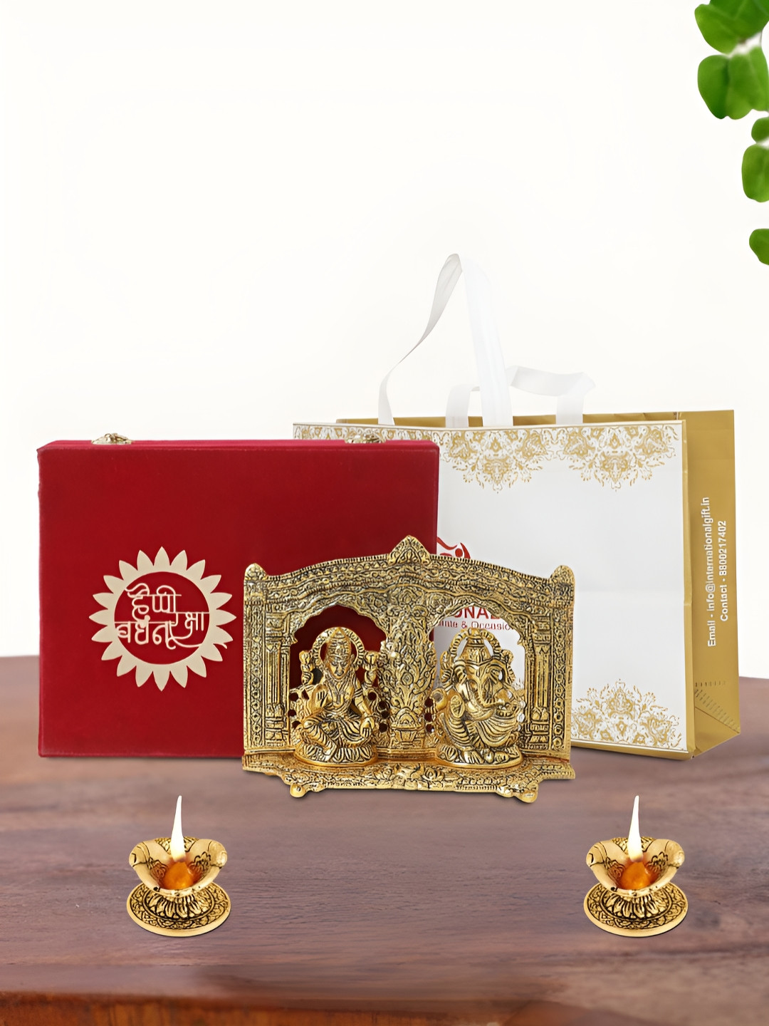 INTERNATIONAL GIFT Laxmi Ganesh Idol with Diya, Box and Carry Bag Gold Metal Metallic Prayer Room Set of 3 Medium Showpieces - 6 Inches
