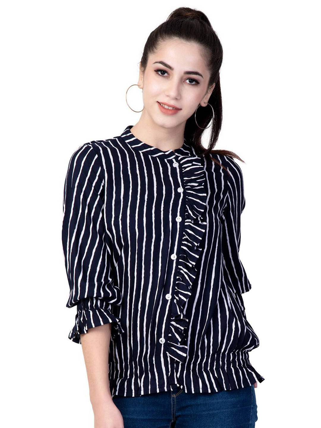God Bless Striped Mandarin Collar Bell Sleeve Ruffles Indigo Shirt Style Top