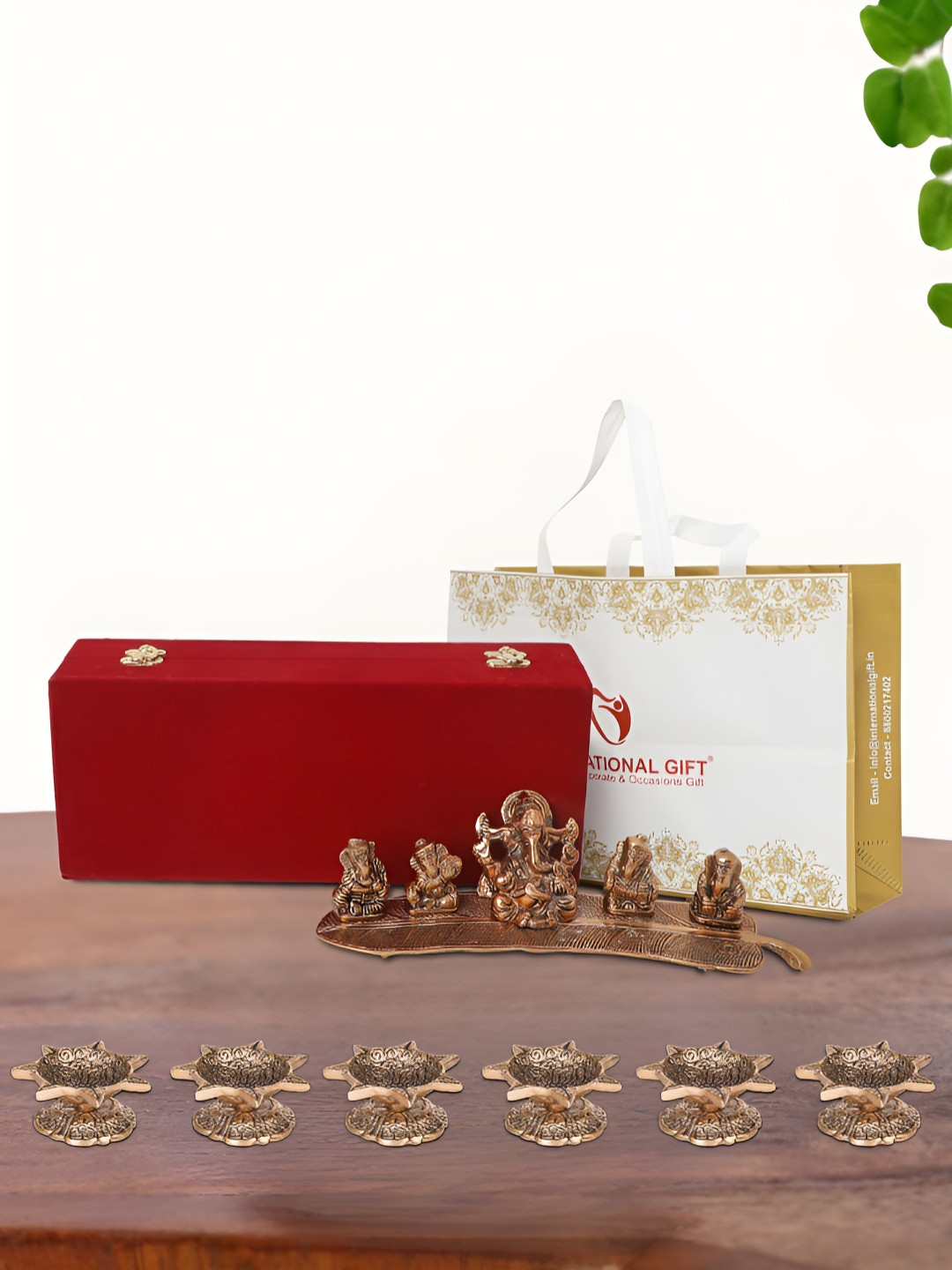 INTERNATIONAL GIFT Musical Ganesh Idol with 6 Diya, Velvet Box and Carry Bag Copper Metal Metallic Prayer Room Music Small Showpiece - 3 Inches