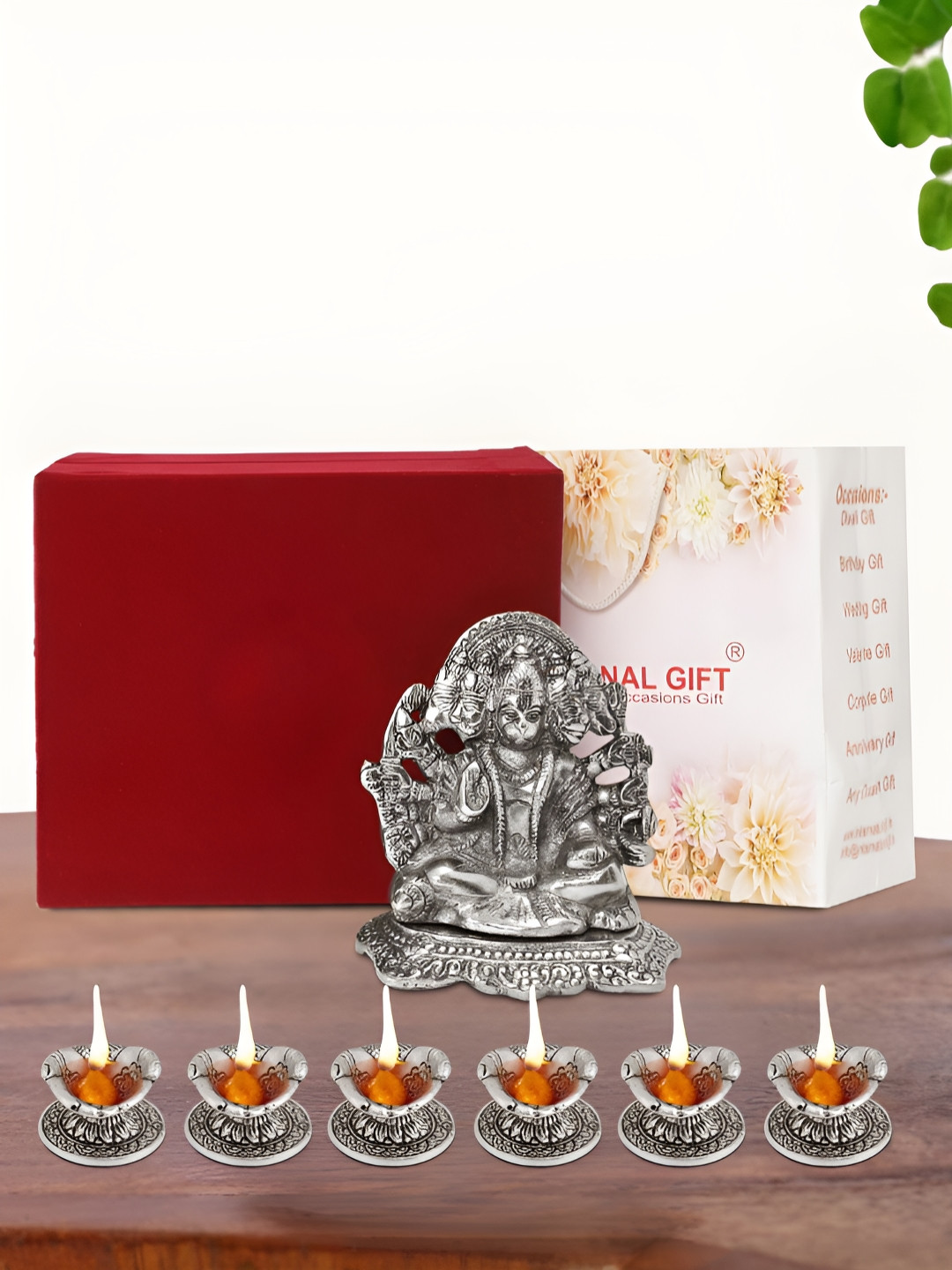 INTERNATIONAL GIFT Panchmukhi Hanuman Idol with 6 Diya, Velvet Box and Carry Bag Silver Aluminium Metallic Prayer Room Medium Showpiece - 5.5 Inches