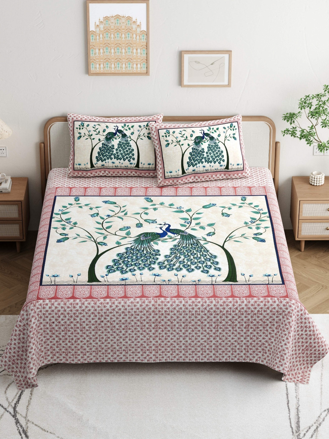 JAIPUR PRIME Magnet Green Ethnic Motifs Cotton 180 TC King Superfine Bedsheet with 2 Pillow Covers-108 x 100 inches