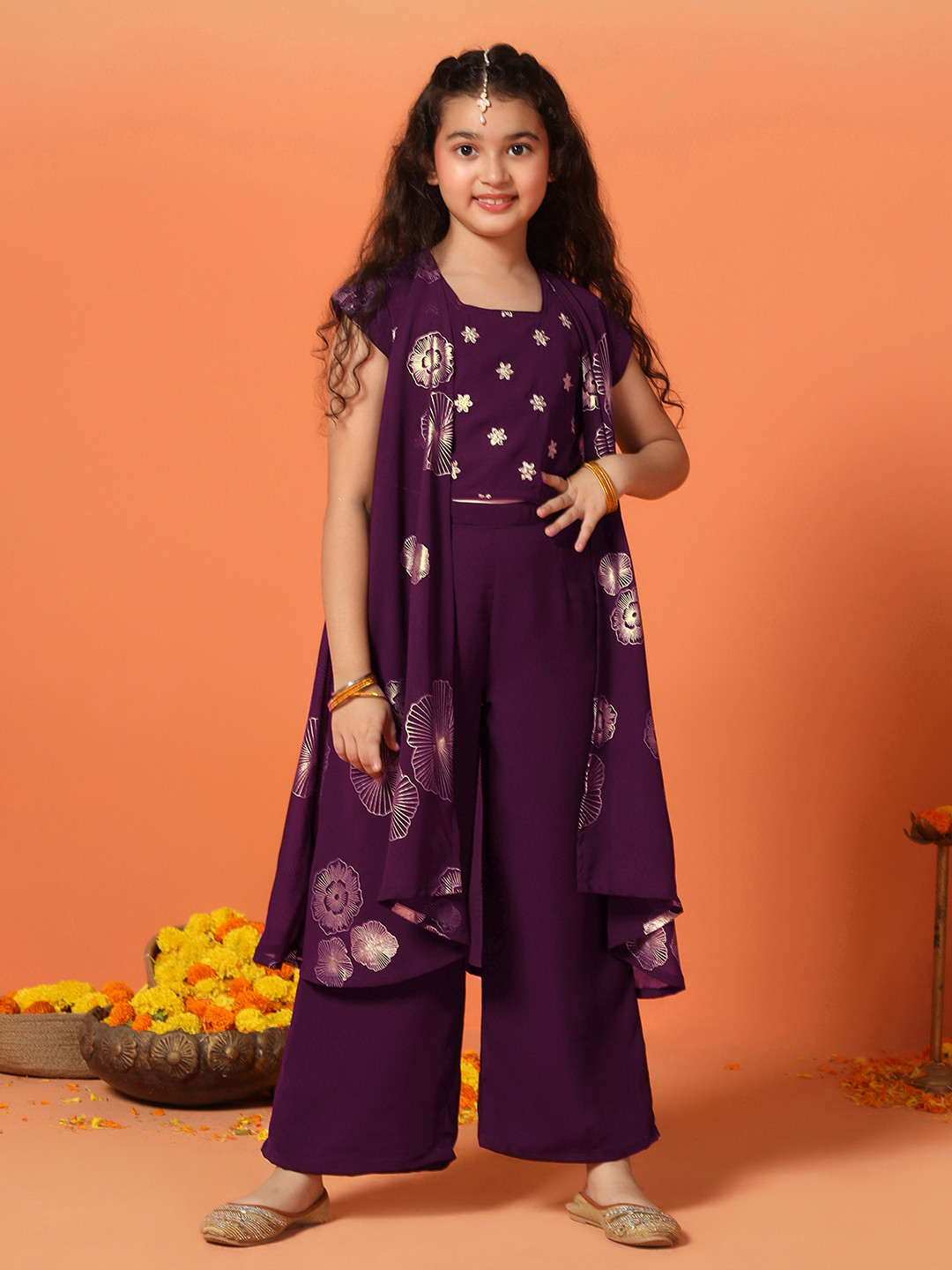 Sangria Girls Burgundy Square Neck Embroidered Georgette Crop Top With Palazzo And Shrug