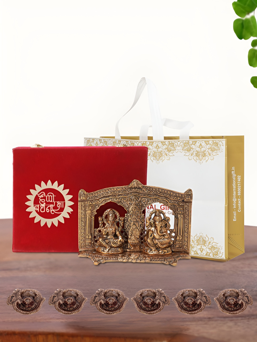 INTERNATIONAL GIFT Laxmi Ganesh Idol with 6 Diya, Velvet Box and Carry Bag Copper Metal Metallic Prayer Room Medium Showpiece - 5.9 Inches