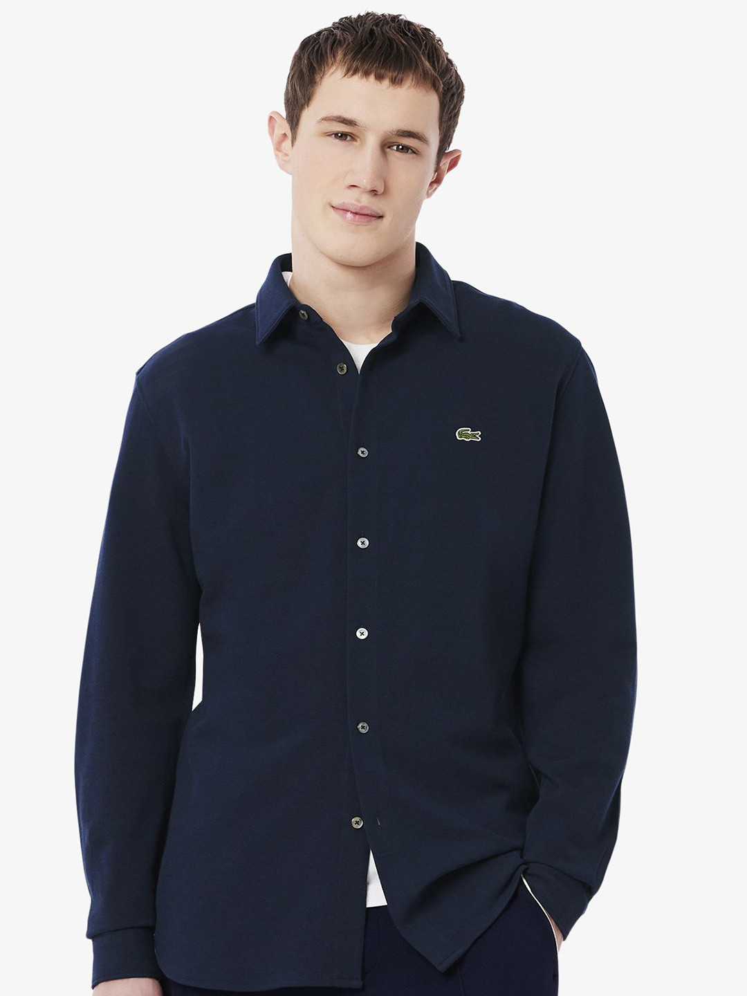 Lacoste Men Slim Fit Spread Collar Solid Cotton Casual Shirt