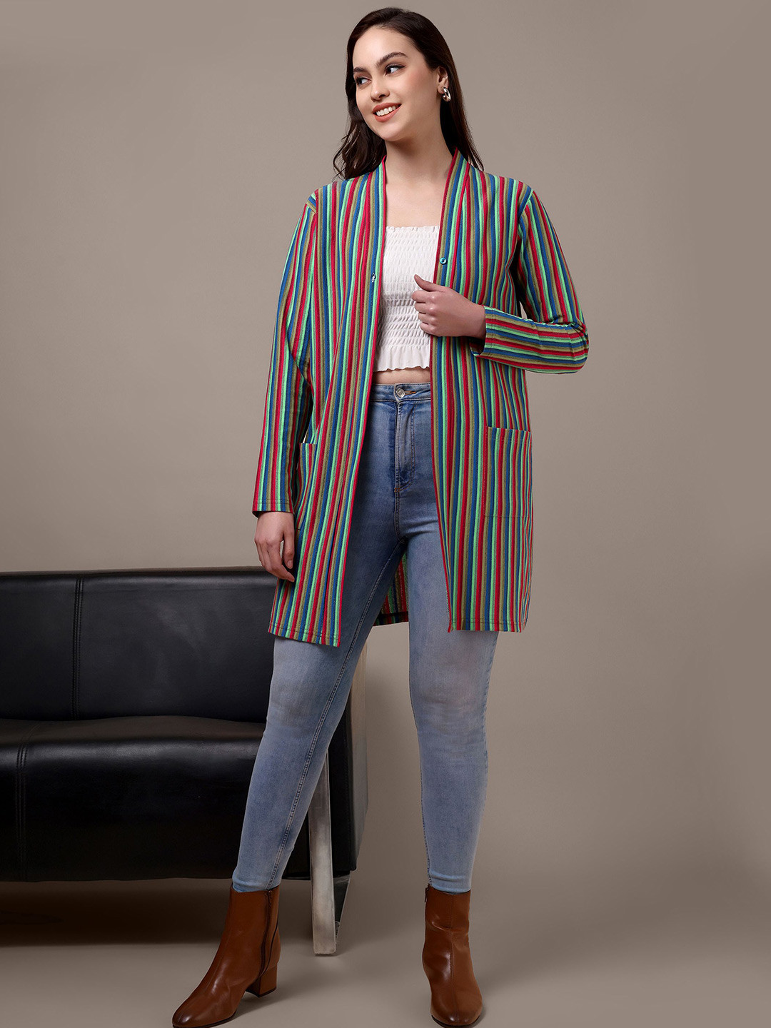 HEATHEX Striped Embellished Longline Open Front Cotton Shrug