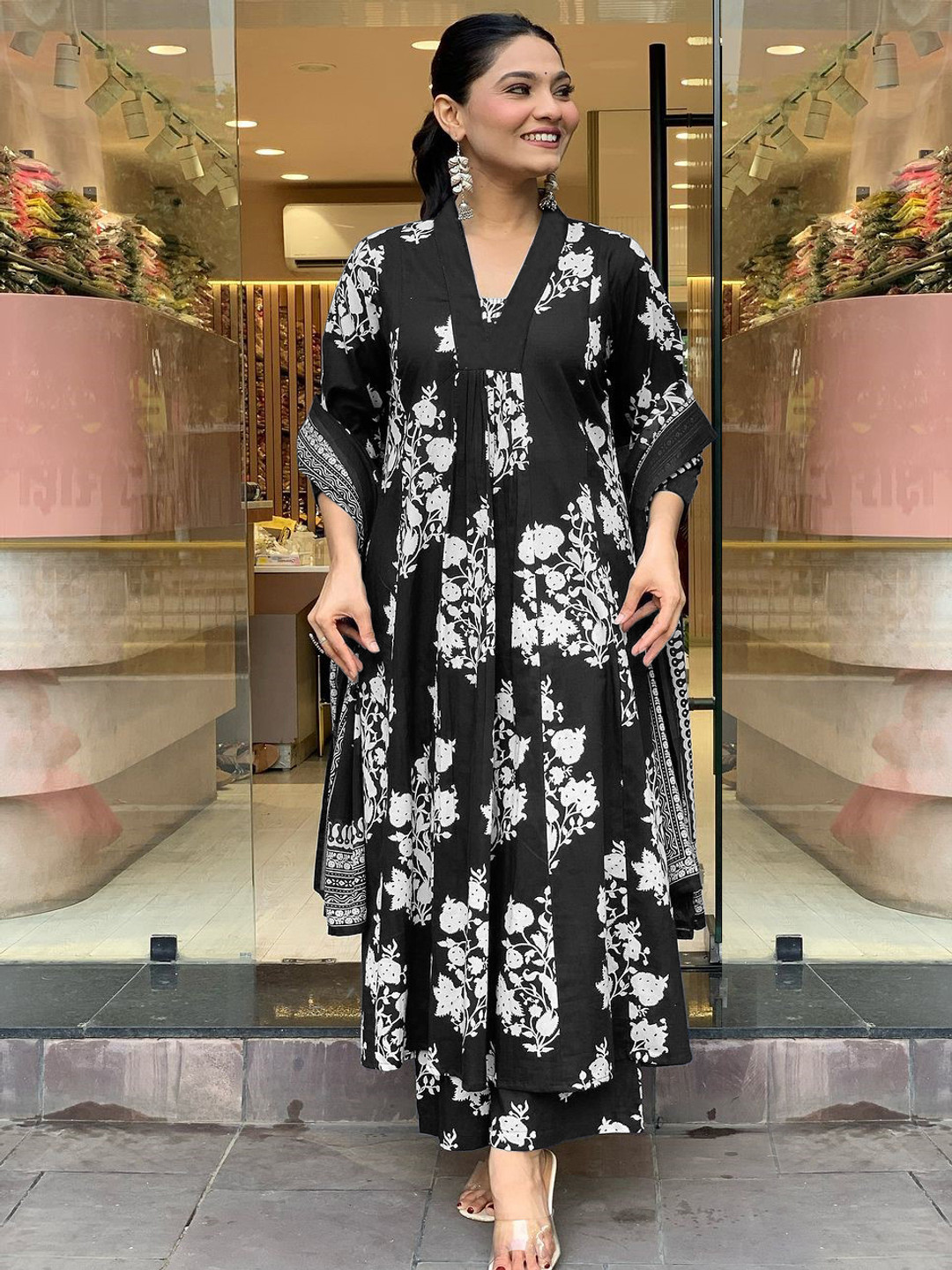 GoSriKi Jaiswal Floral Printed V-Neck Pleated Anarkali Kurta With Palazzos & Dupatta