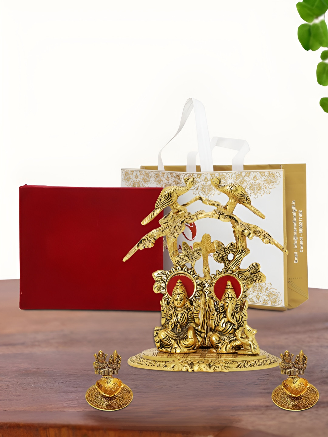 INTERNATIONAL GIFT Laxmi Ganesh with Diya, Box and Carry Bag Gold Aluminium Metallic Prayer Room Set of 3 Medium Showpieces - 8 Inches