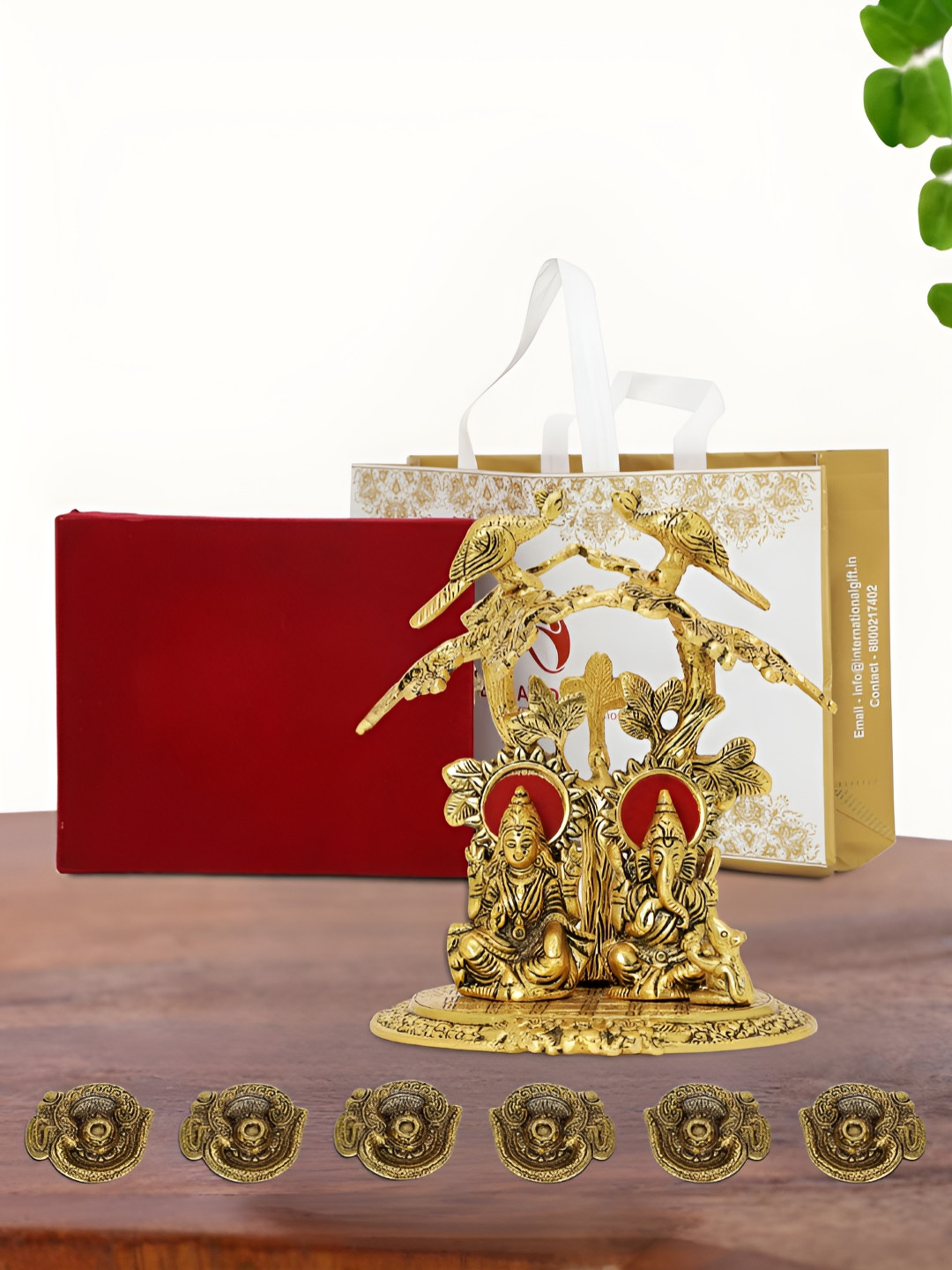 INTERNATIONAL GIFT Laxmi Ganesh Idol with 6 Diya, Velvet Box and Carry Bag Gold Metal Metallic Prayer Room Medium Showpiece - 5.4 Inches