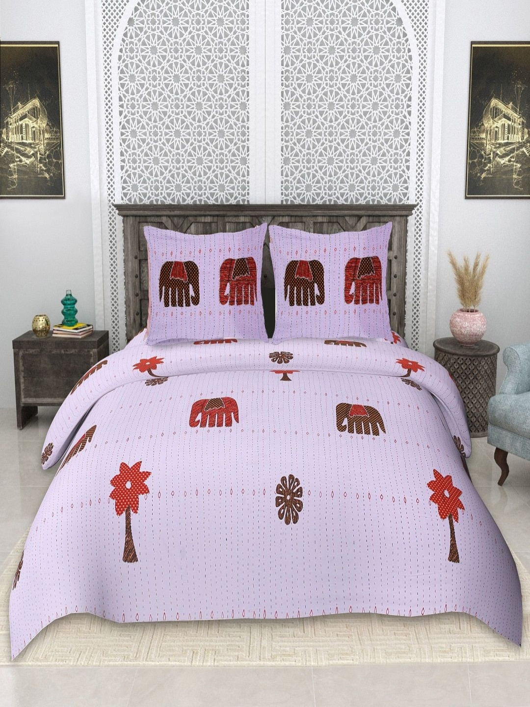 CHICERY Ultra Soft Purple Ethnic Motifs Pure Cotton 210 TC King Fine Bedsheet with 2 Pillow Covers-108 x 108 inches
