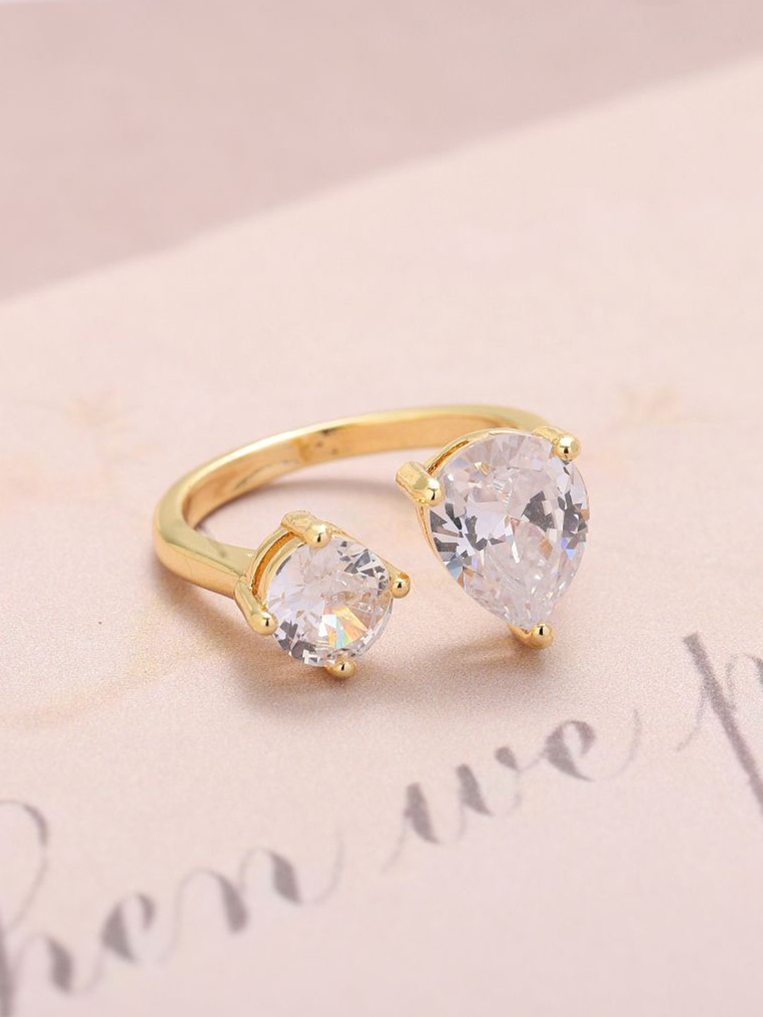 SALTY Open Pear Cut American Diamond Toi-et-Moi Ring for Women & Girls Finger Ring