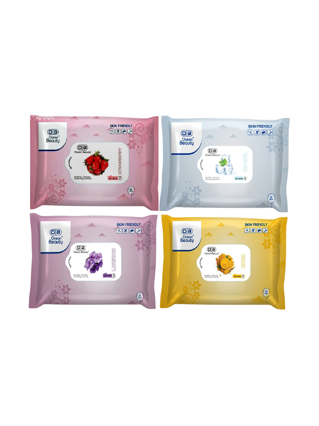 OB Ocean Beauty Set Of 4 Cleansing Moisturising & Soothing Wet Wipes 25 Wipes Each