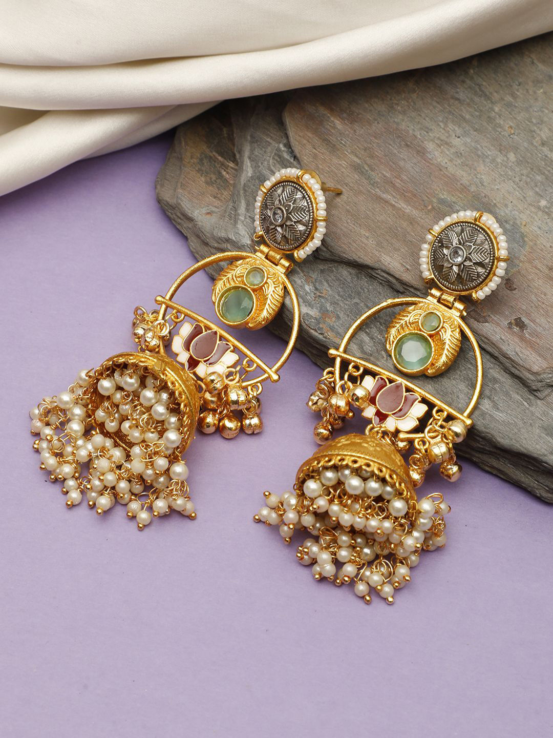 VIVAZS Gold-Plated Artificial Stones Studded And Beaded Dome Shaped Jhumkas