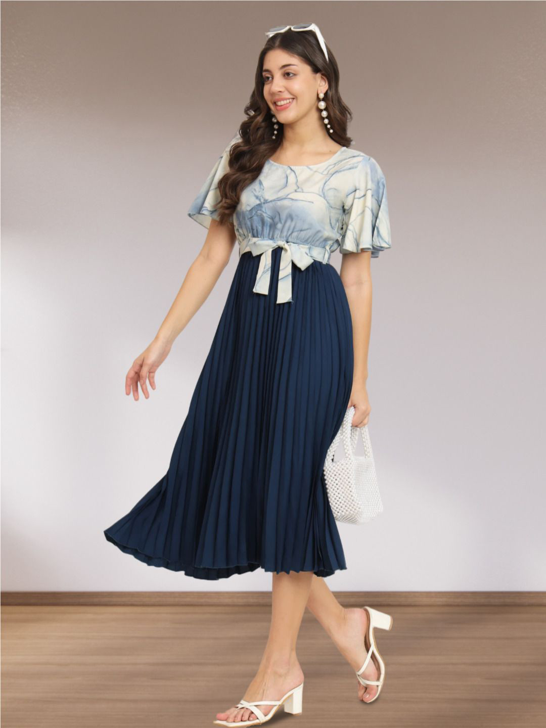 ZWERLON Print Flared Sleeve Applique Linen A-Line Midi Dress