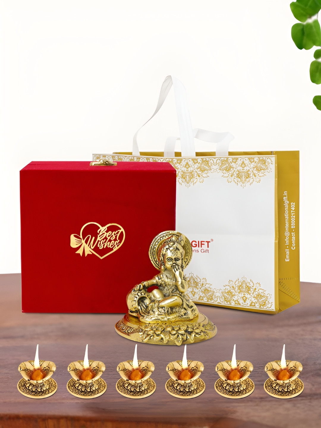 INTERNATIONAL GIFT Laddu Gopal Idol with 6 Diya, Velvet Box and Carry Bag Gold Metal Metallic Prayer Room Small Showpiece - 3 Inches