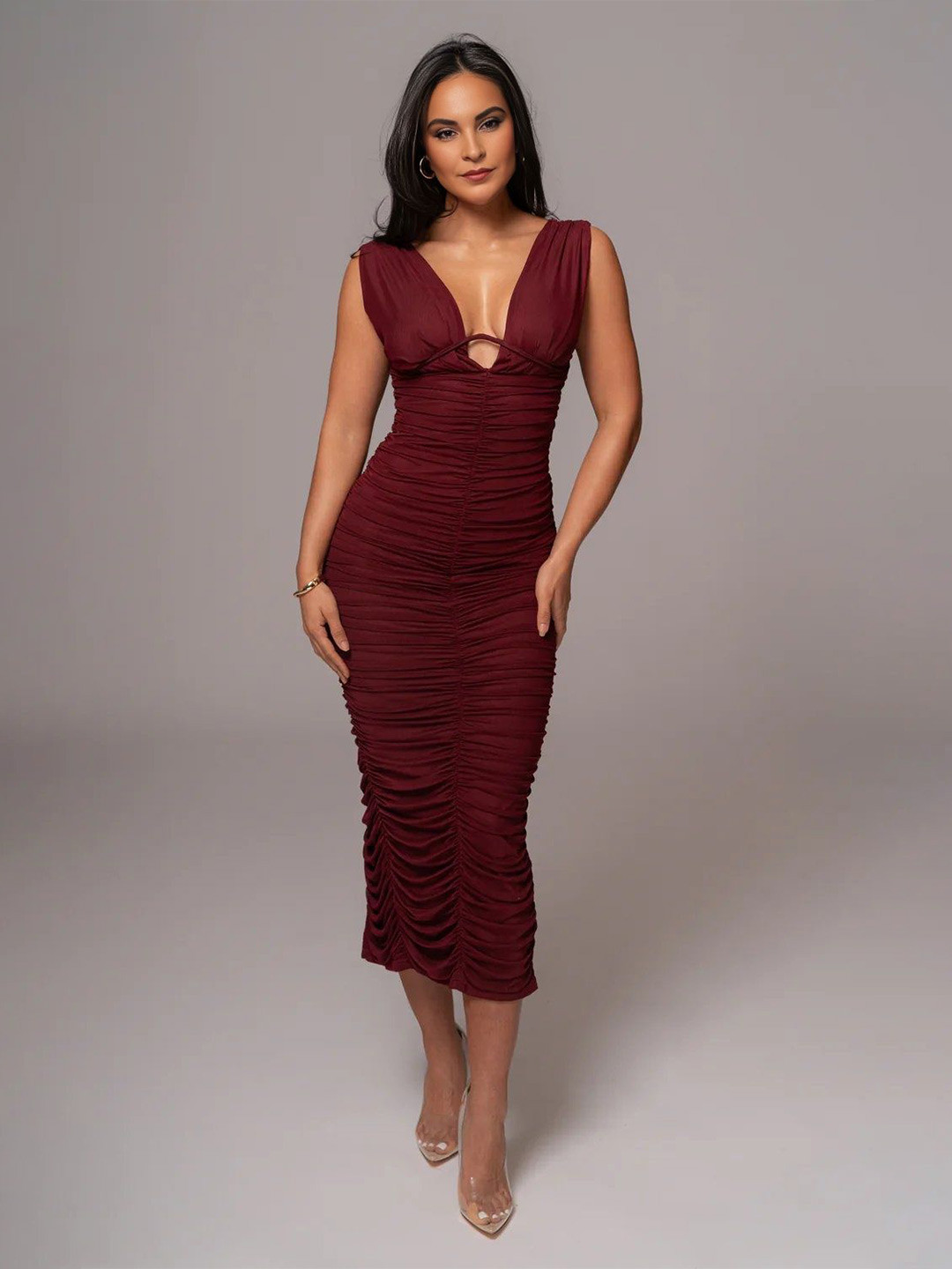 Bee Boe Ruche Detail Keyhole Burgundy Midi Dress