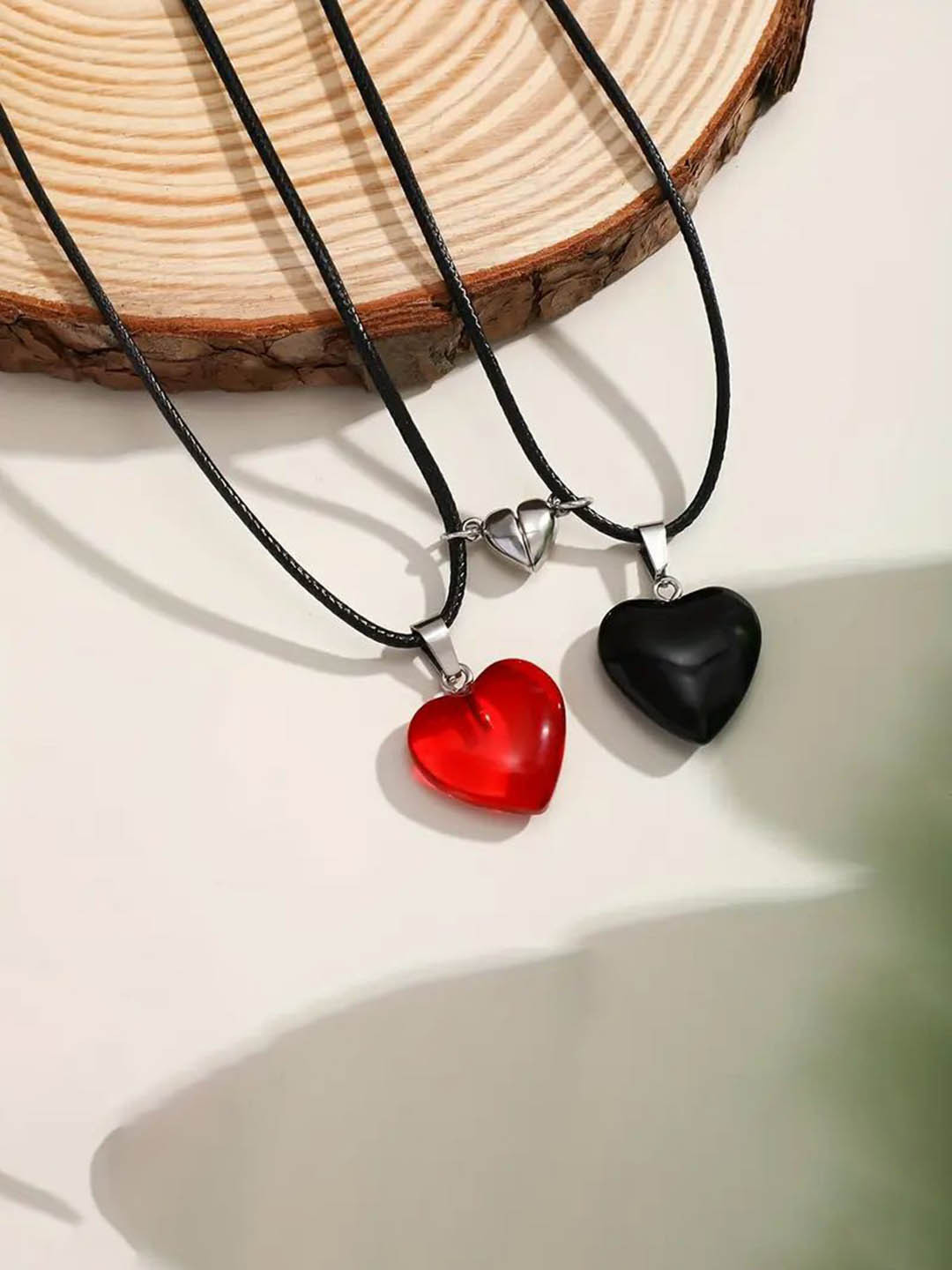 DIVASTRI Set Of 2 Stainless Steel Artificial Stone Heart Shaped Pendants With Chains