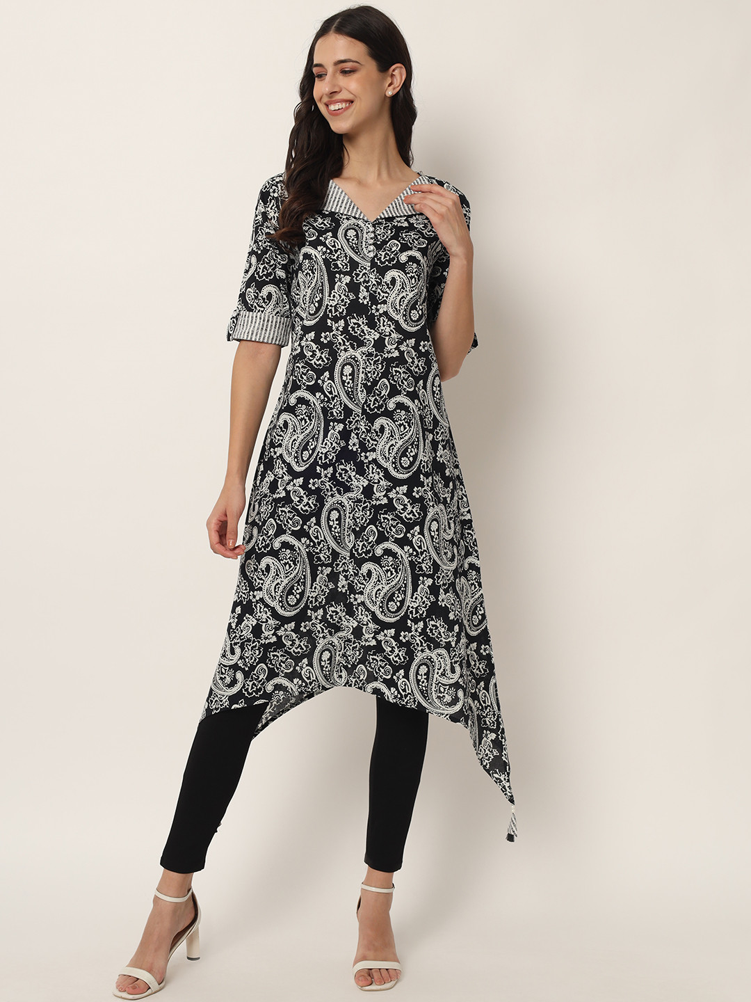 JAPER KURTI Paisley Printed Lapel Collar A-Line Pure Cotton Kurta