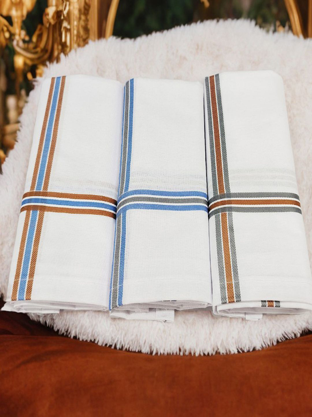 FIMS Men Pack Of 3 Premium Striped 100% Pure Cotton Handkerchiefs