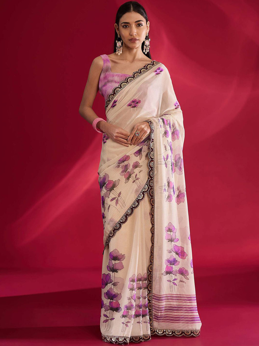 all about you Floral Poly Georgette Muga Saree