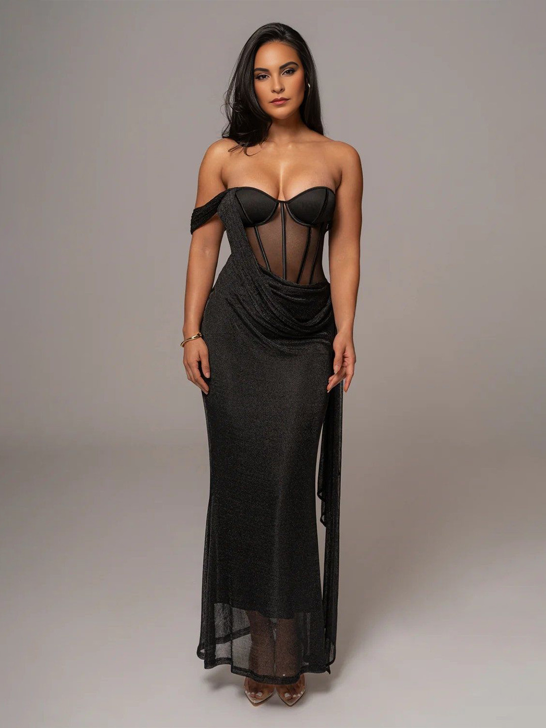 Bee Boe Metallic Chain Mail Corset Black Gown