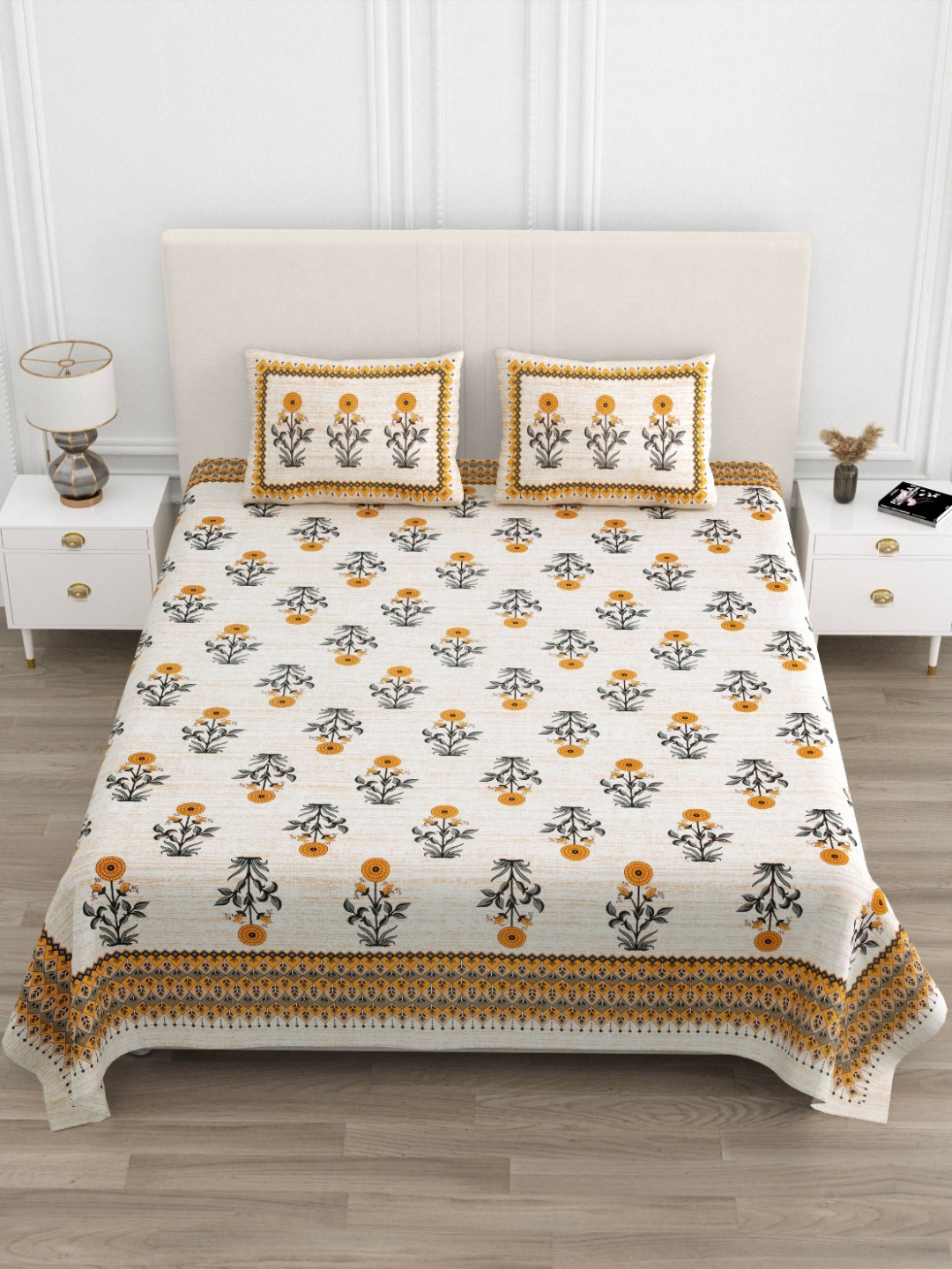 JAIPUR PRIME Magnet Jaipuri Treaditional Beige Floral Pure Cotton 180 TC King Fine Bedsheet with 2 Pillow Covers-108 x 100 inches