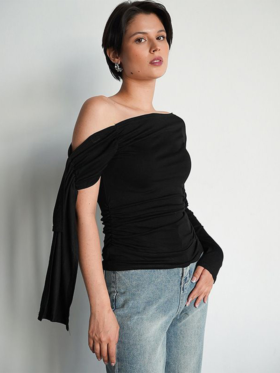 MIAKEE Women One Shoulder Slit Sleeve Top