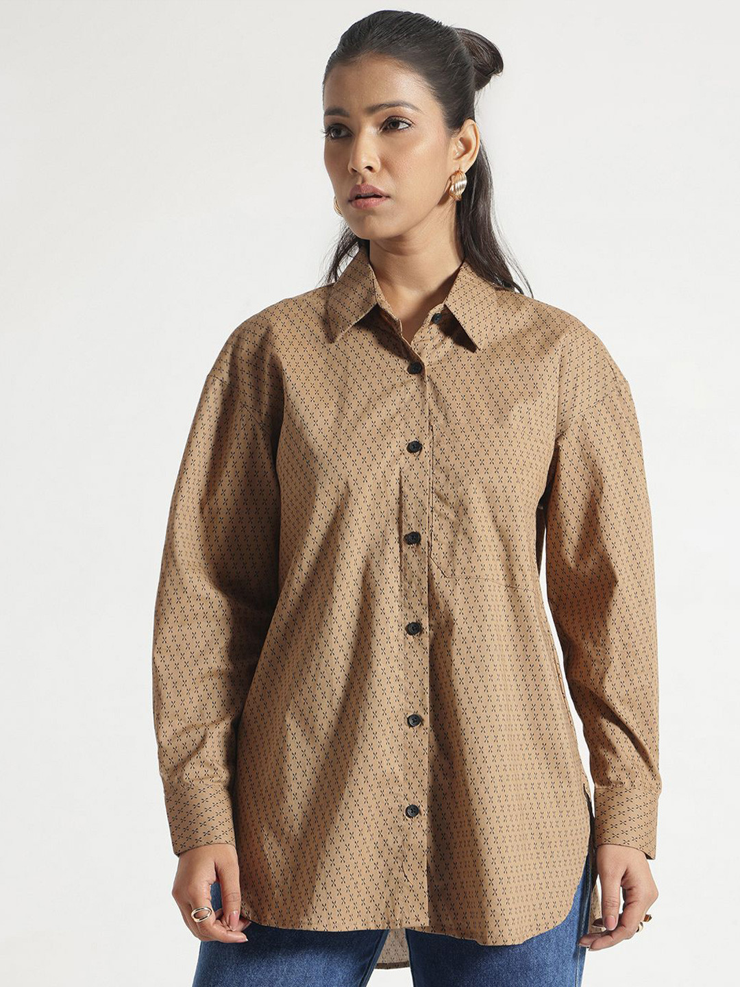 Code 61 Women Comfort Oversized Fit Club Collar Abstract Printed Cotton Casual Shirt
