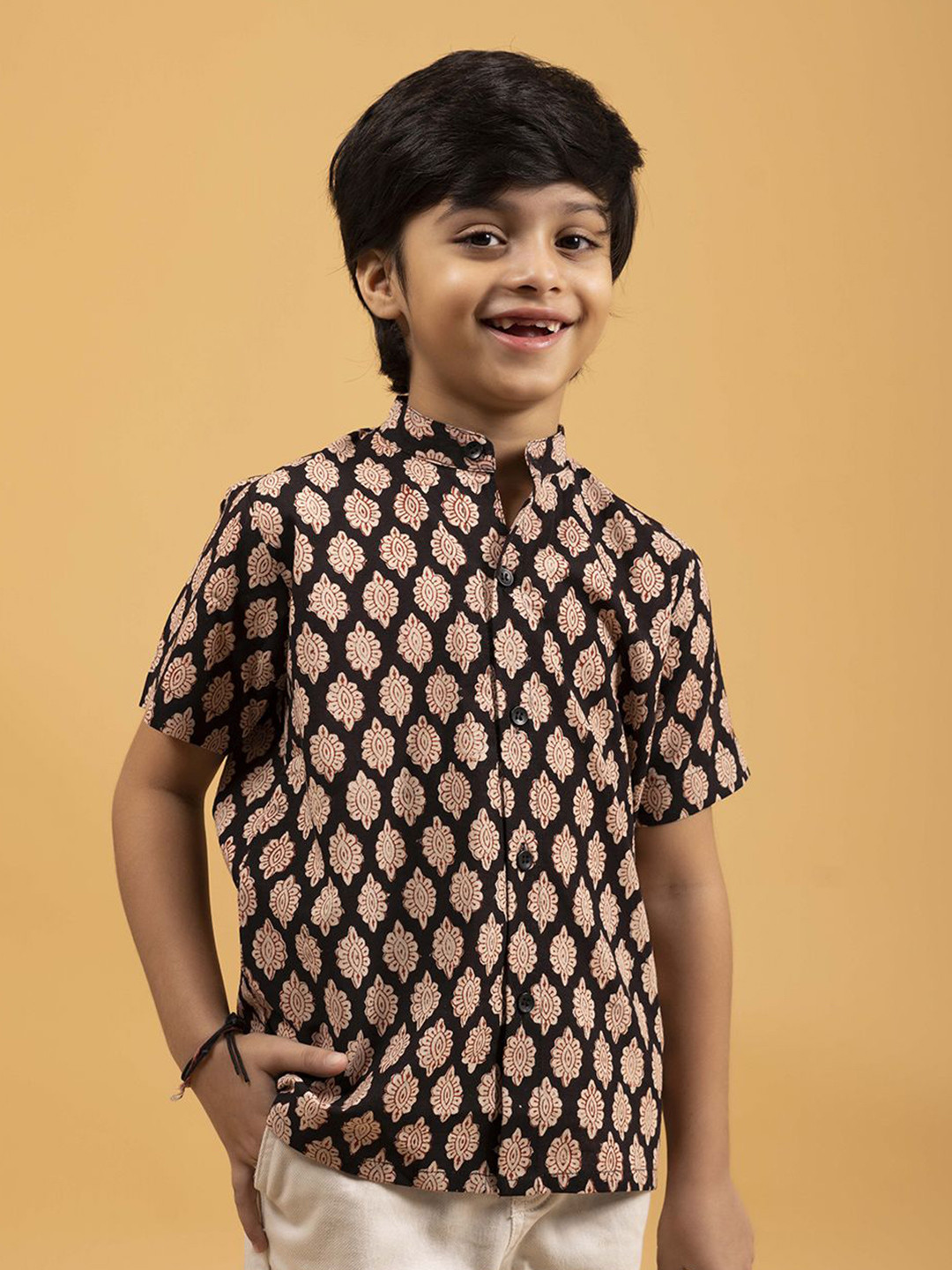 SPARSA Boys Standard Fit Band Collar Floral Printed Cotton Casual Shirt