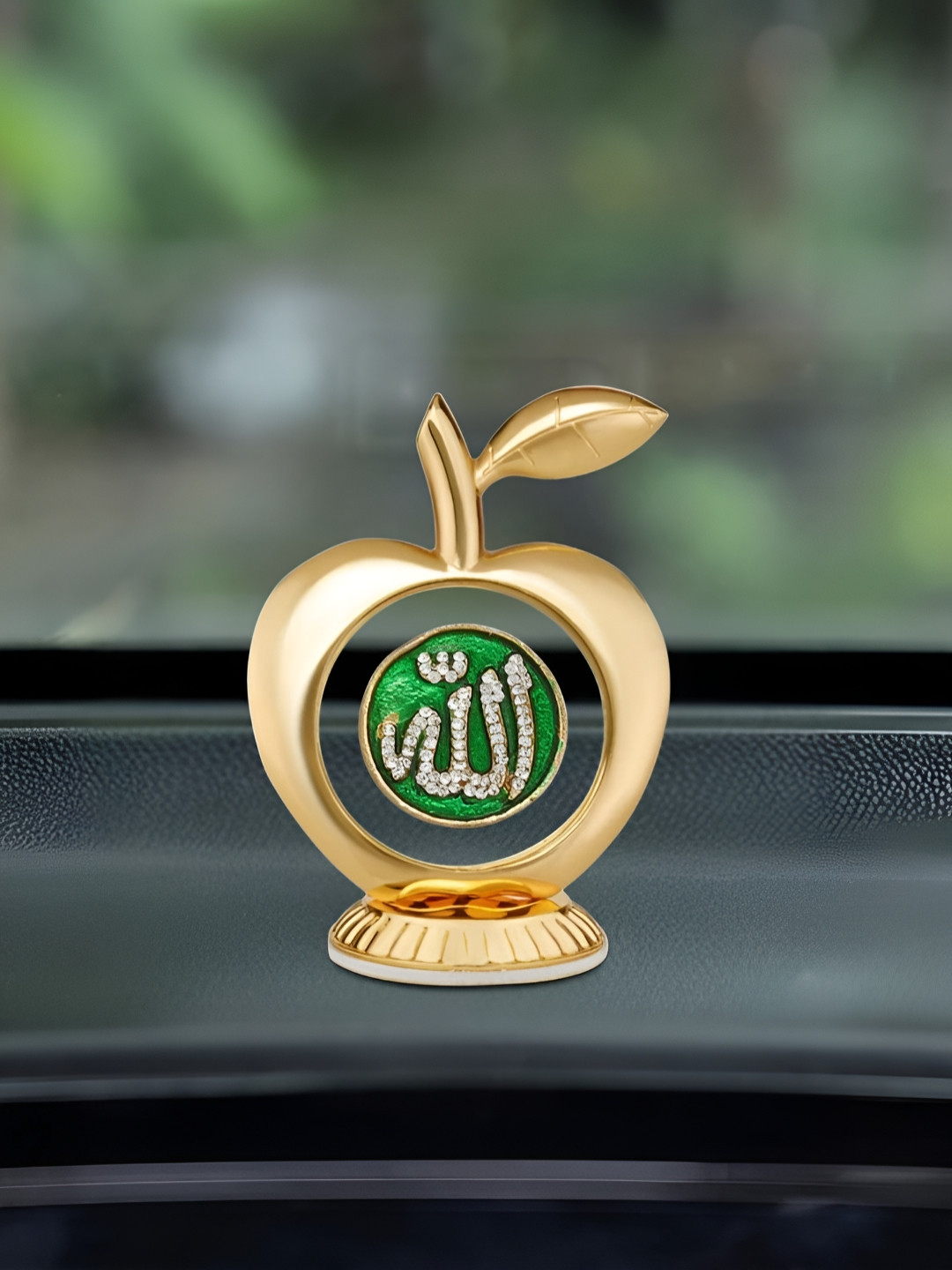 INTERNATIONAL GIFT Allah Symbol in Apple Shape Gold Aluminium Metallic Prayer Room Small Showpiece - 3.5 Inches