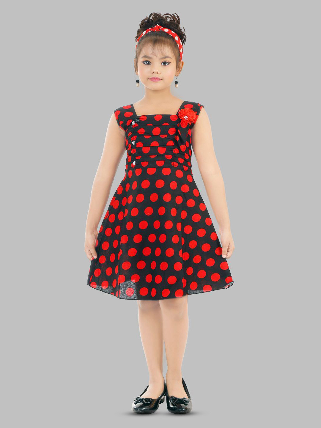 Fessist Polka Dot Printed A-Line knee lenth Dress