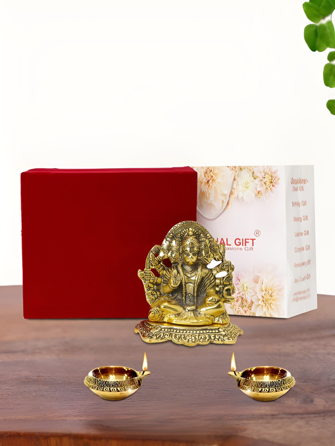 INTERNATIONAL GIFT Gold Plated Panchmukhi Hanuman Idol with 2 Diya and Box