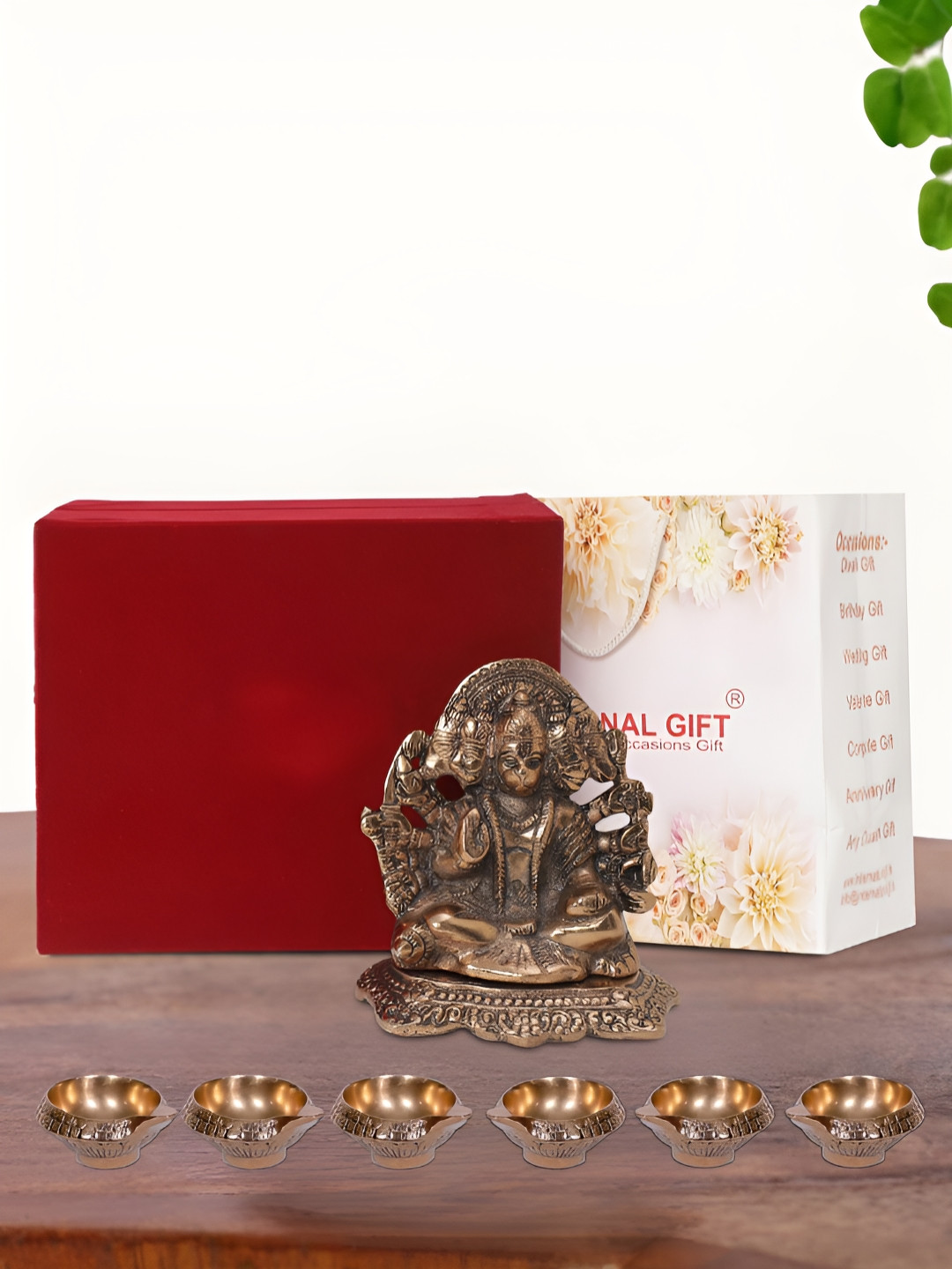 INTERNATIONAL GIFT Panchmukhi Hanuman Idol with 6 Diya, Velvet Box and Carry Bag Copper Aluminium Natural Prayer Room Medium Showpiece - 2.2 Inches