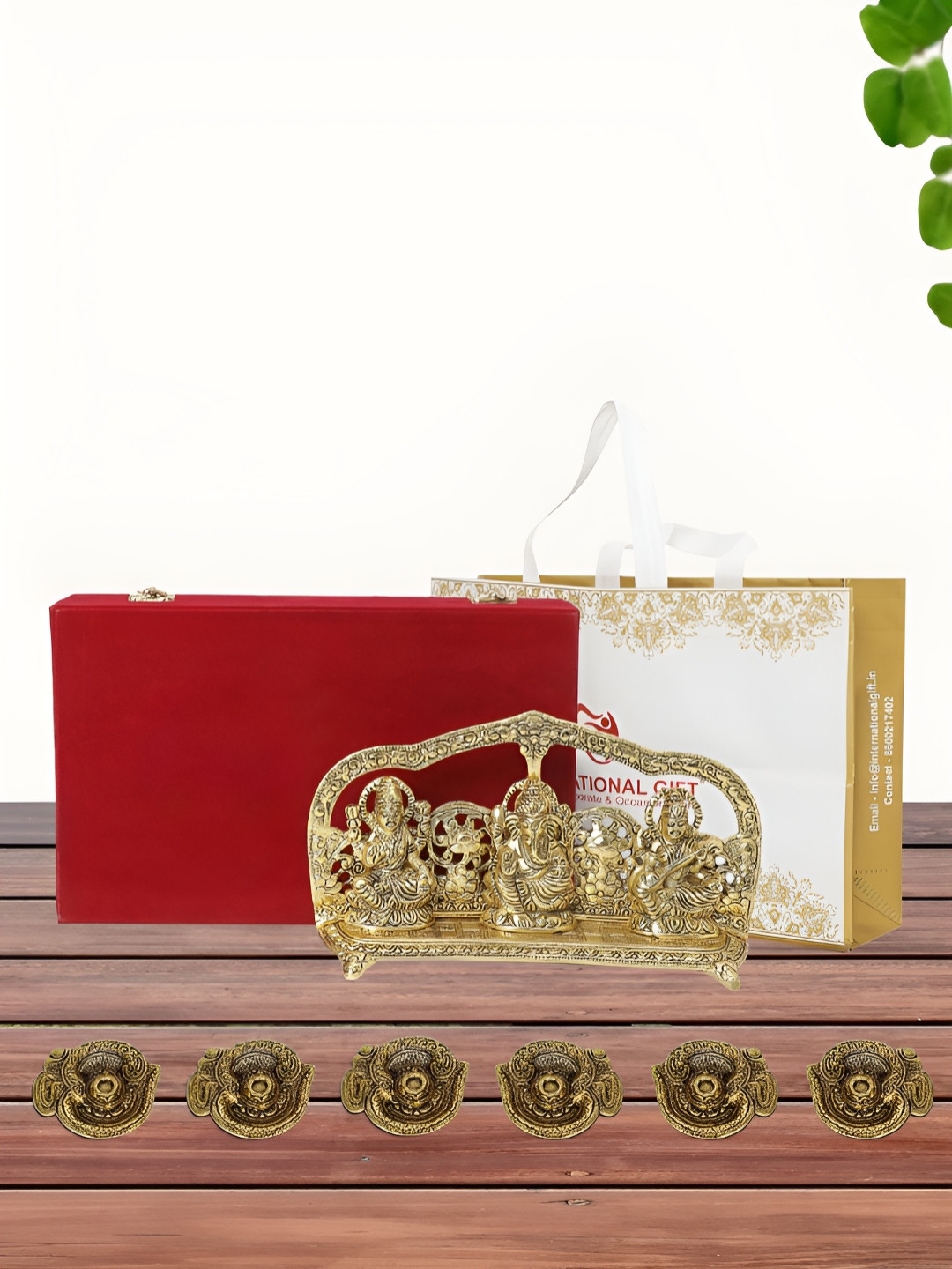INTERNATIONAL GIFT Laxmi Ganesh Saraswati Idol with 6 Diya, Velvet Box and Carry Bag Gold Metal Metallic Prayer Room Medium Showpiece - 6 Inches
