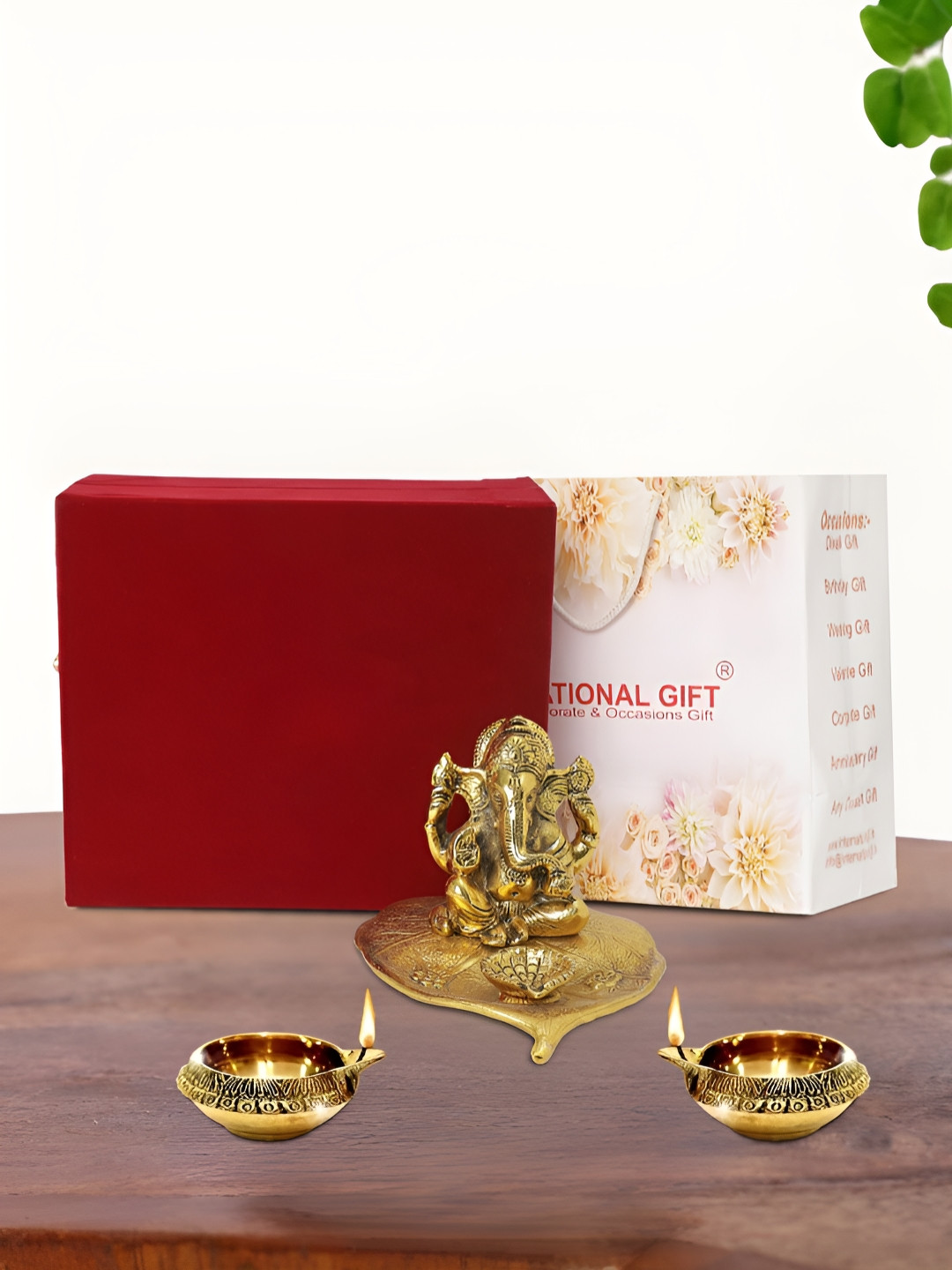 INTERNATIONAL GIFT Leaf Ganesh with Diya, Box & Carry Bag Gold Aluminium Metallic Prayer Room Lights Set of 3 Small Showpieces - 4 Inches