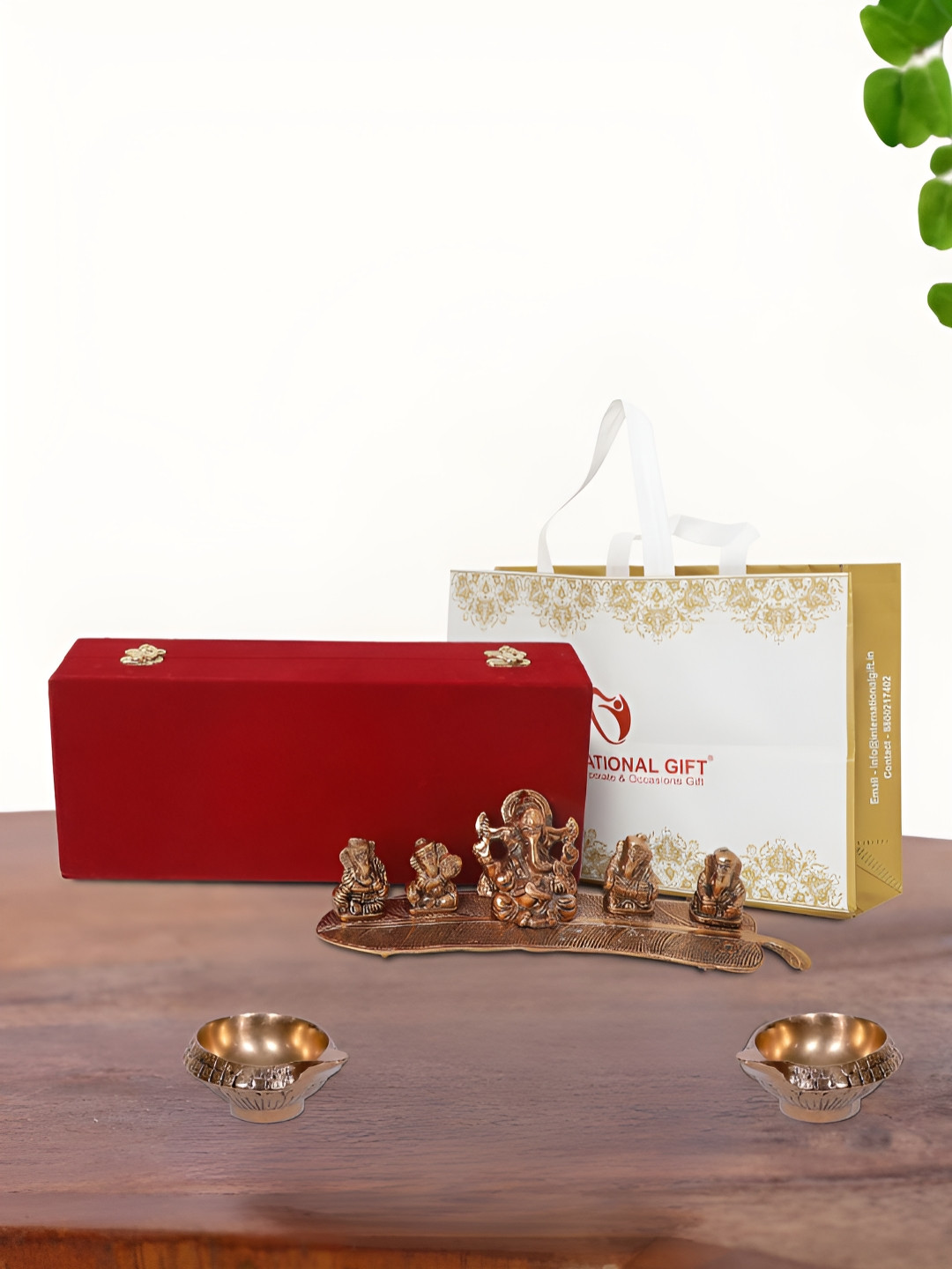 INTERNATIONAL GIFT Musical Ganesh with Diya Copper Metal Metallic Prayer Room Set of 3 Small Showpieces - 1.2 Inches