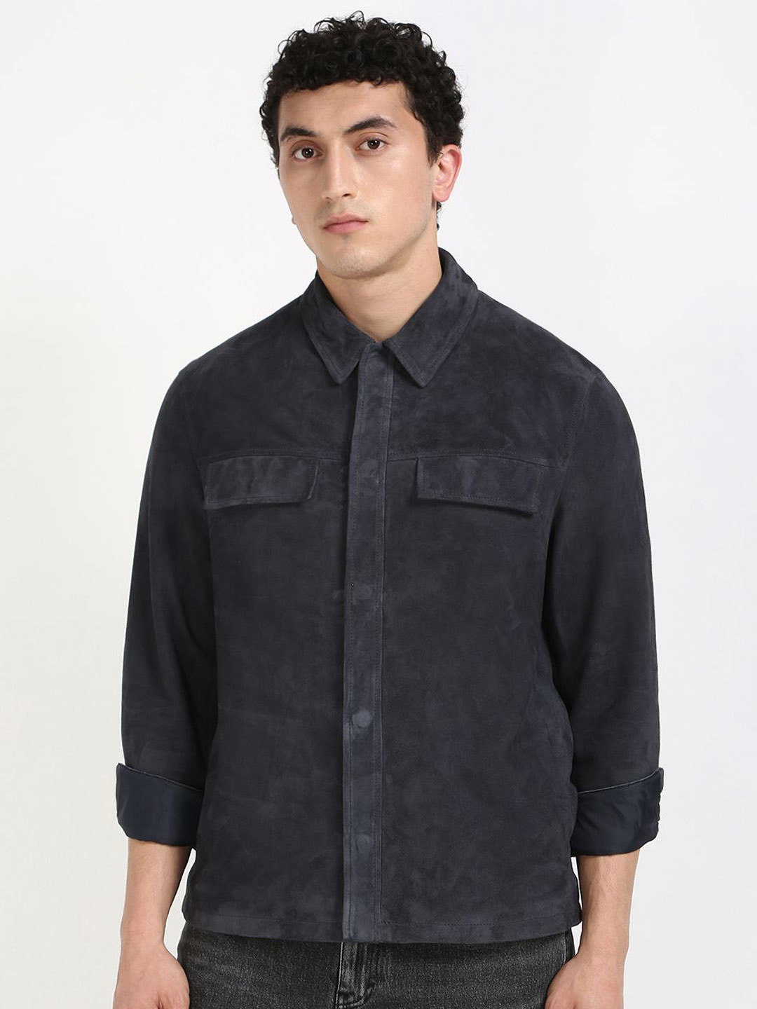 Calvin Klein Jeans Men Spread Collar Solid Leather Casual Shirt