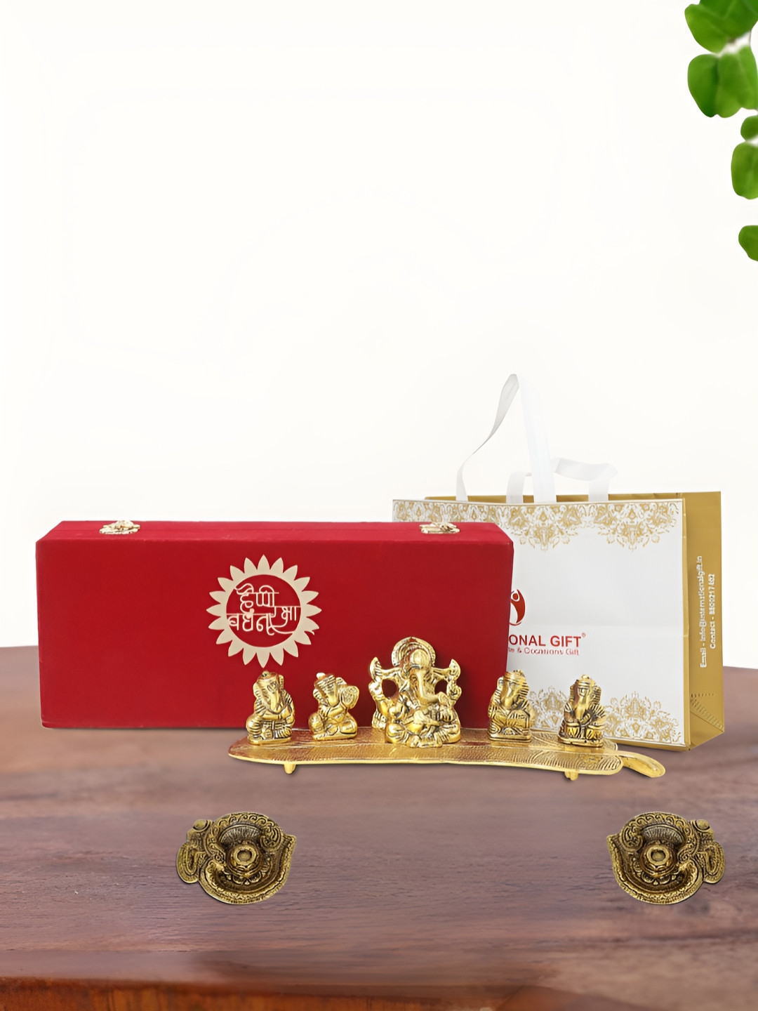 INTERNATIONAL GIFT Musical Ganesh with Diya Gold Metal Metallic Home Office Set of 3 Small Showpieces - 4.3 Inches