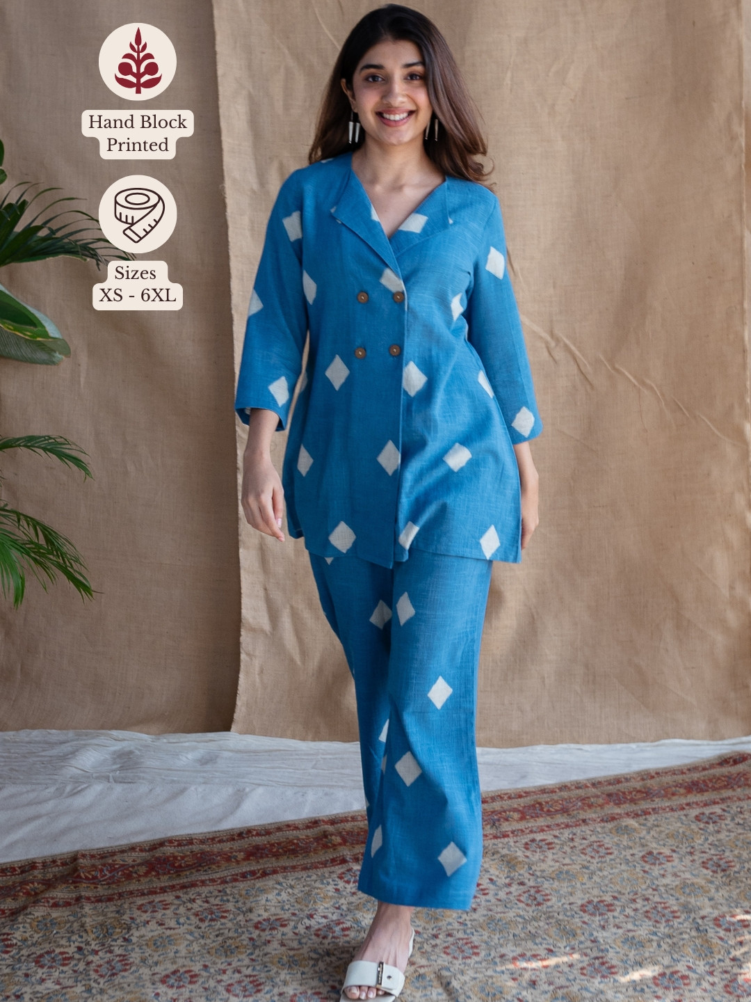 THE INDIAN ETHNIC CO Blue Straight Slub Cotton Co-Ord Set