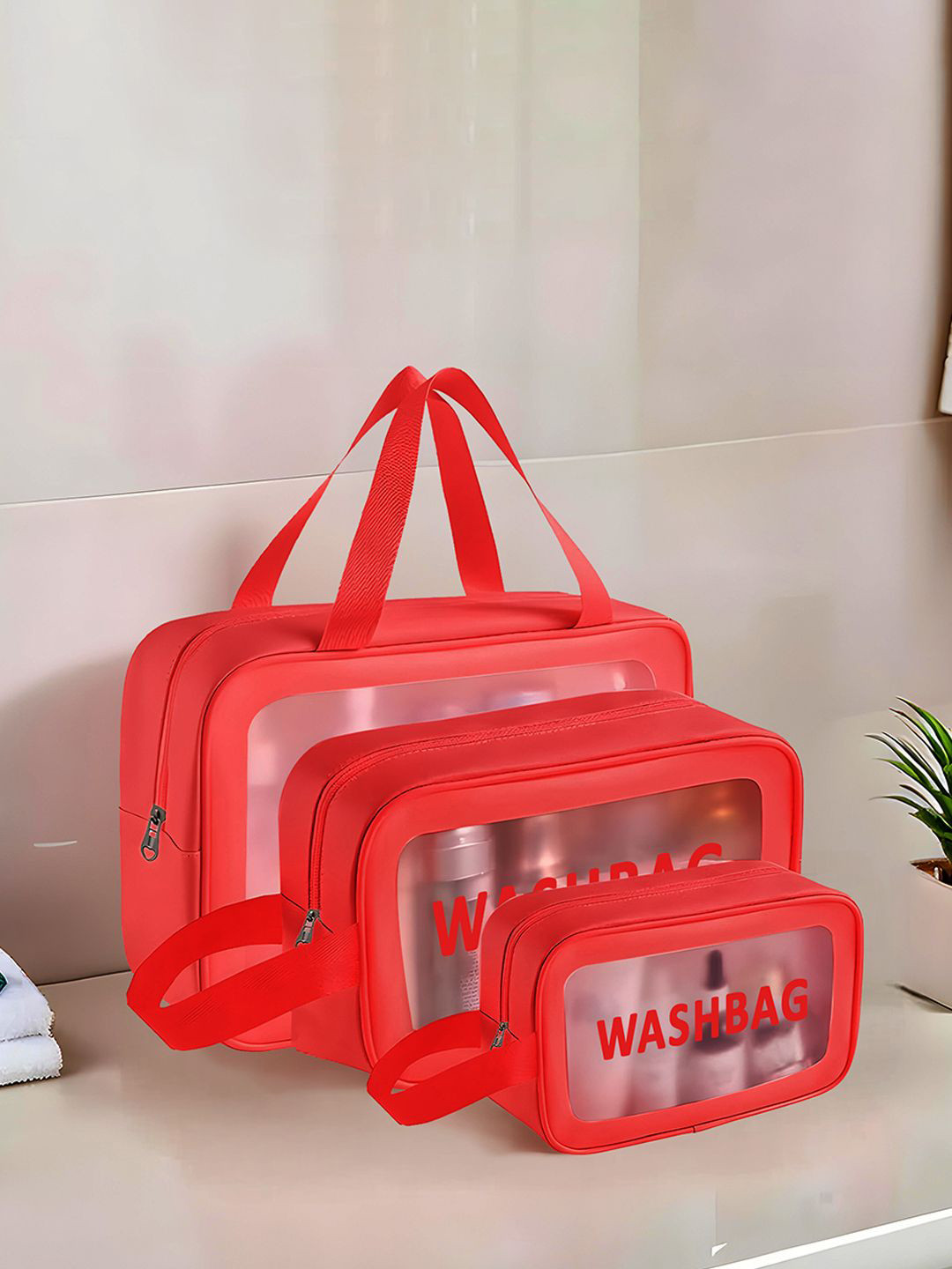 Kuber Industries Red 3 Pieces Makeup Organizer Bag with Zip & Hand Strap